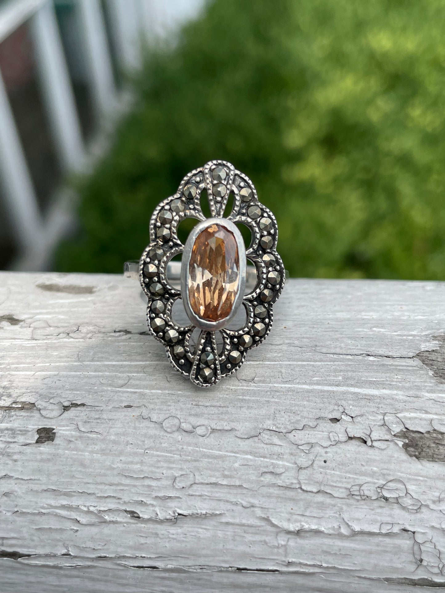 925 Sterling Silver Citrine & Marcasite Cluster Ring sz 9.5
