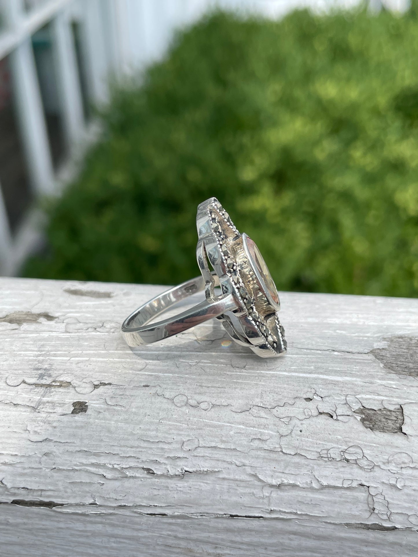 925 Sterling Silver Citrine & Marcasite Cluster Ring sz 9.5