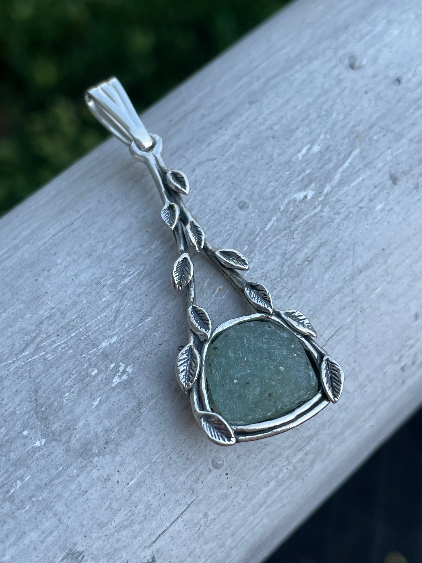 925 Sterling Silver Prehnite Tree Leaf Nature Setting Pendant