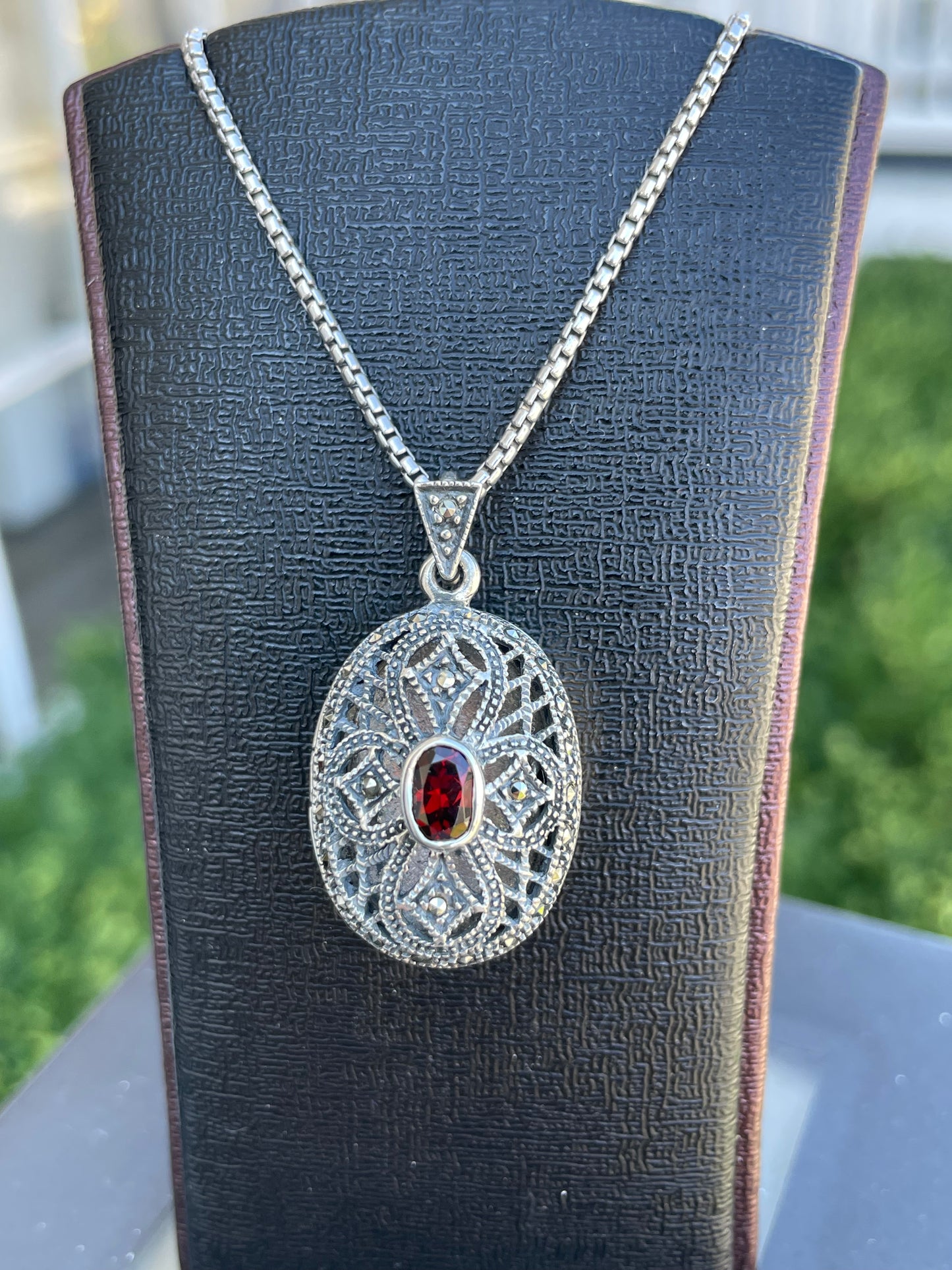Vintage 925 Sterling Silver Garnet & Marcasite Locket Necklace