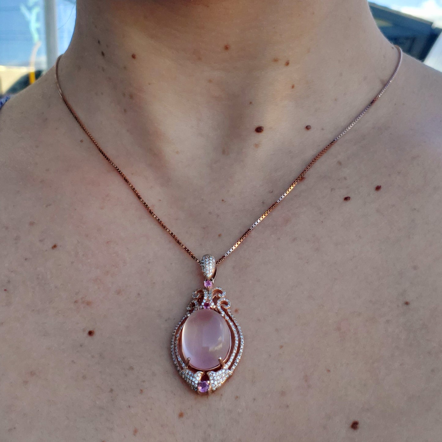 925 Sterling Silver Rose Vermeil Divine Compassion Rose Quartz Zirconia Necklace