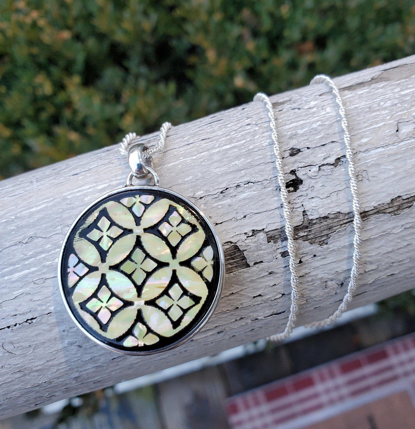 925 Sterling Silver Mother of Pearl Hand Painted Floral Disc Necklace