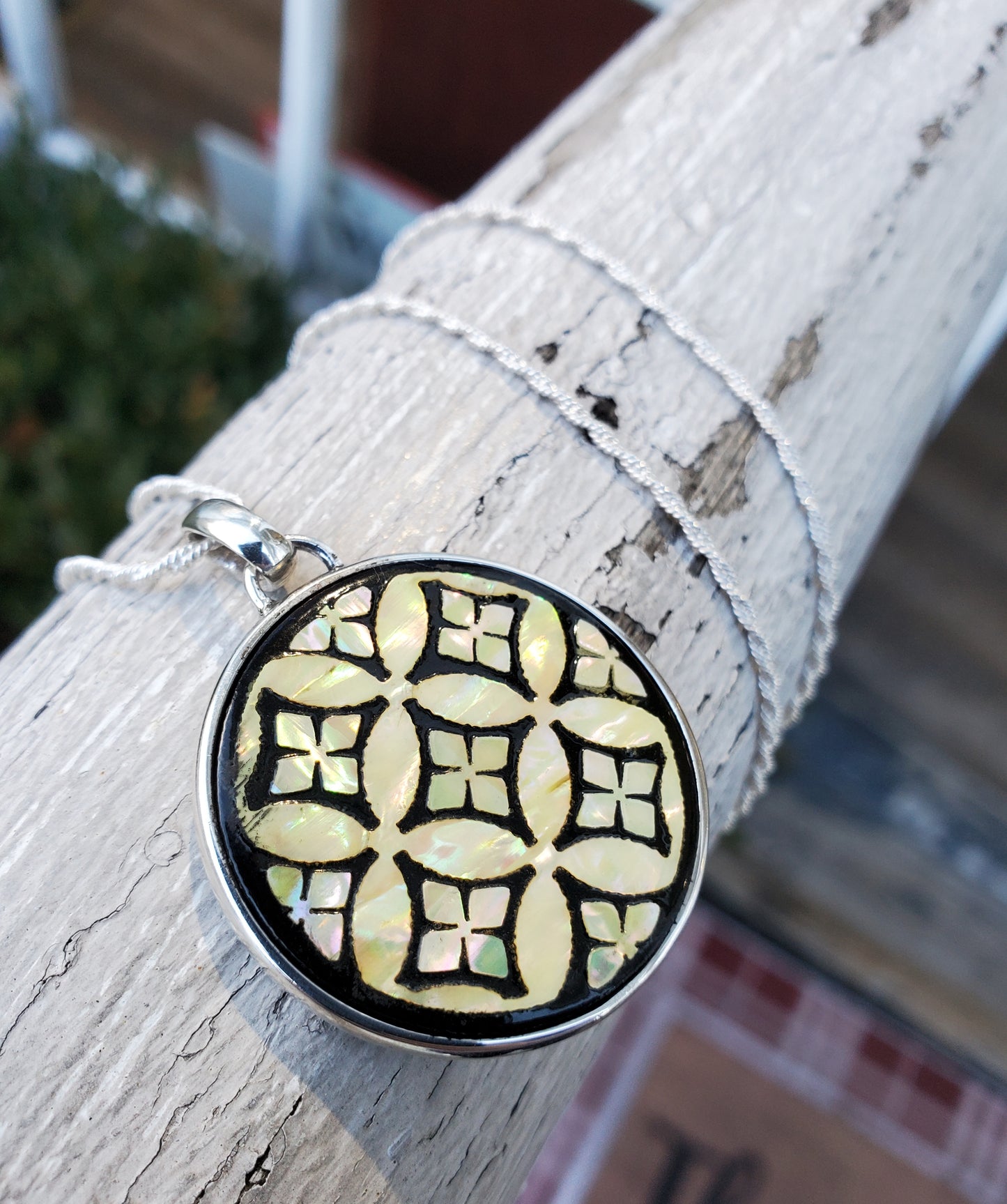 925 Sterling Silver Mother of Pearl Hand Painted Floral Disc Necklace