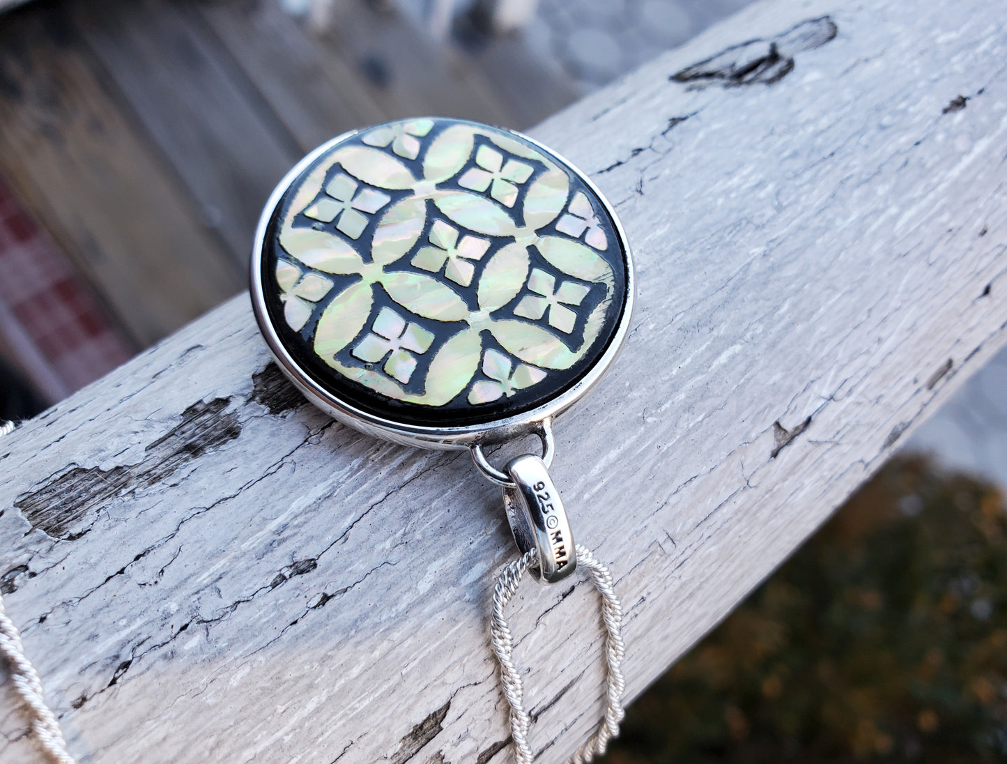925 Sterling Silver Mother of Pearl Hand Painted Floral Disc Necklace