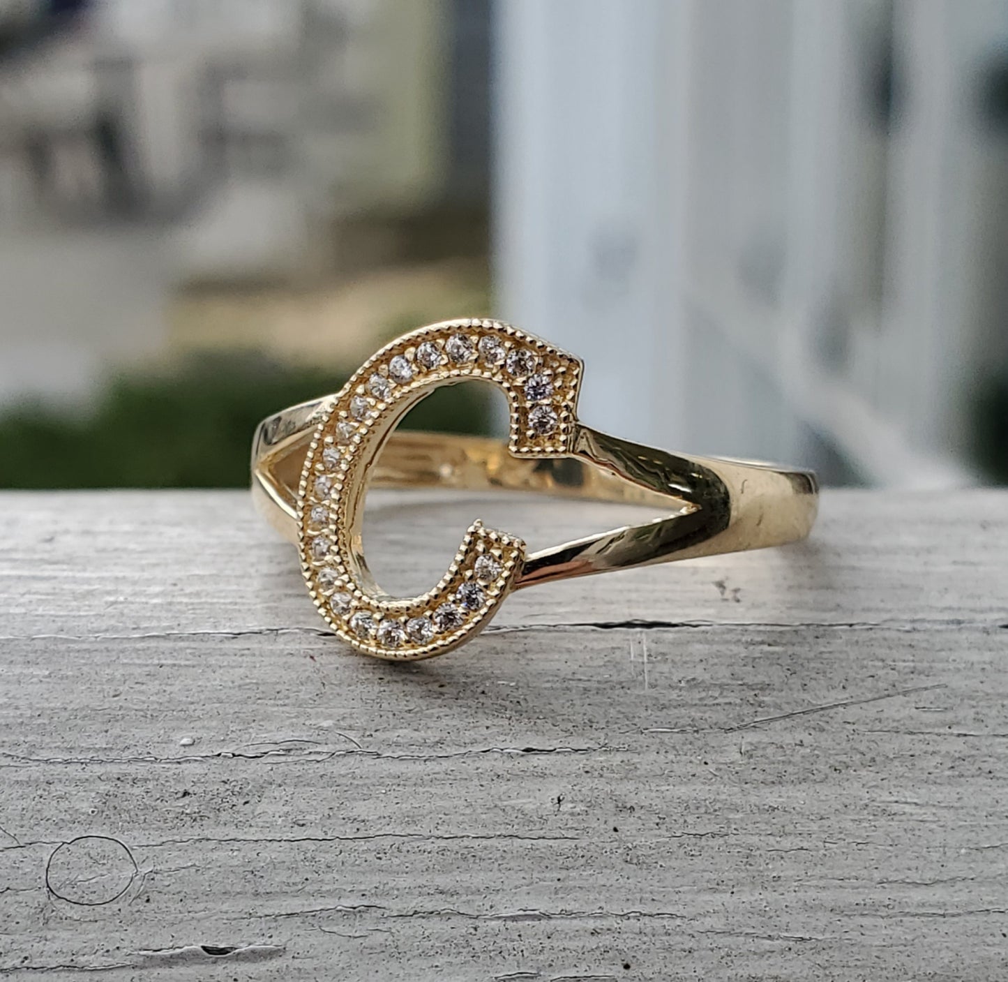 14k Solid Gold C Cubic Zirconia Initial Ring