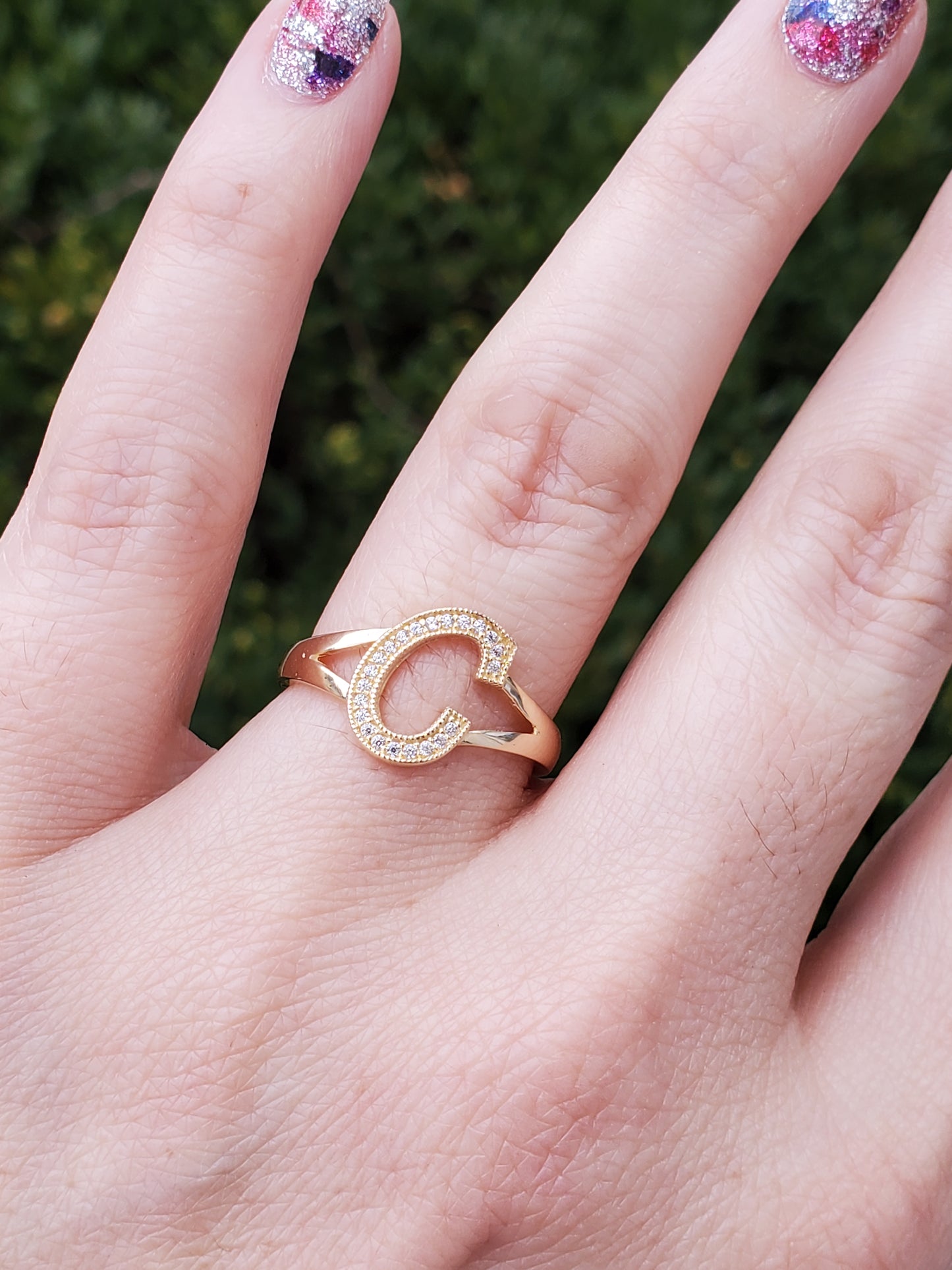 14k Solid Gold C Cubic Zirconia Initial Ring