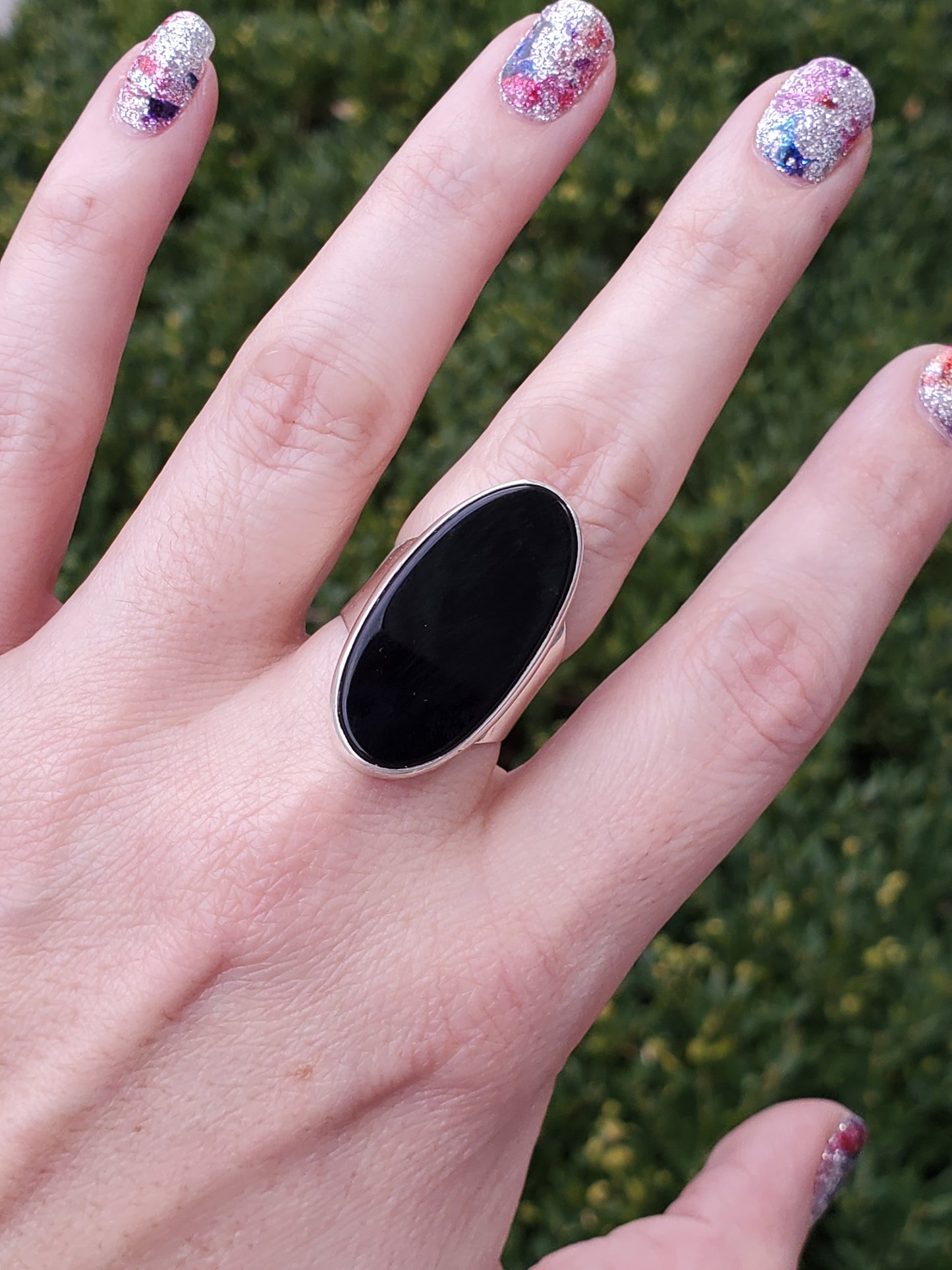 925 Sterling Silver Large Oval Black Onyx Ring