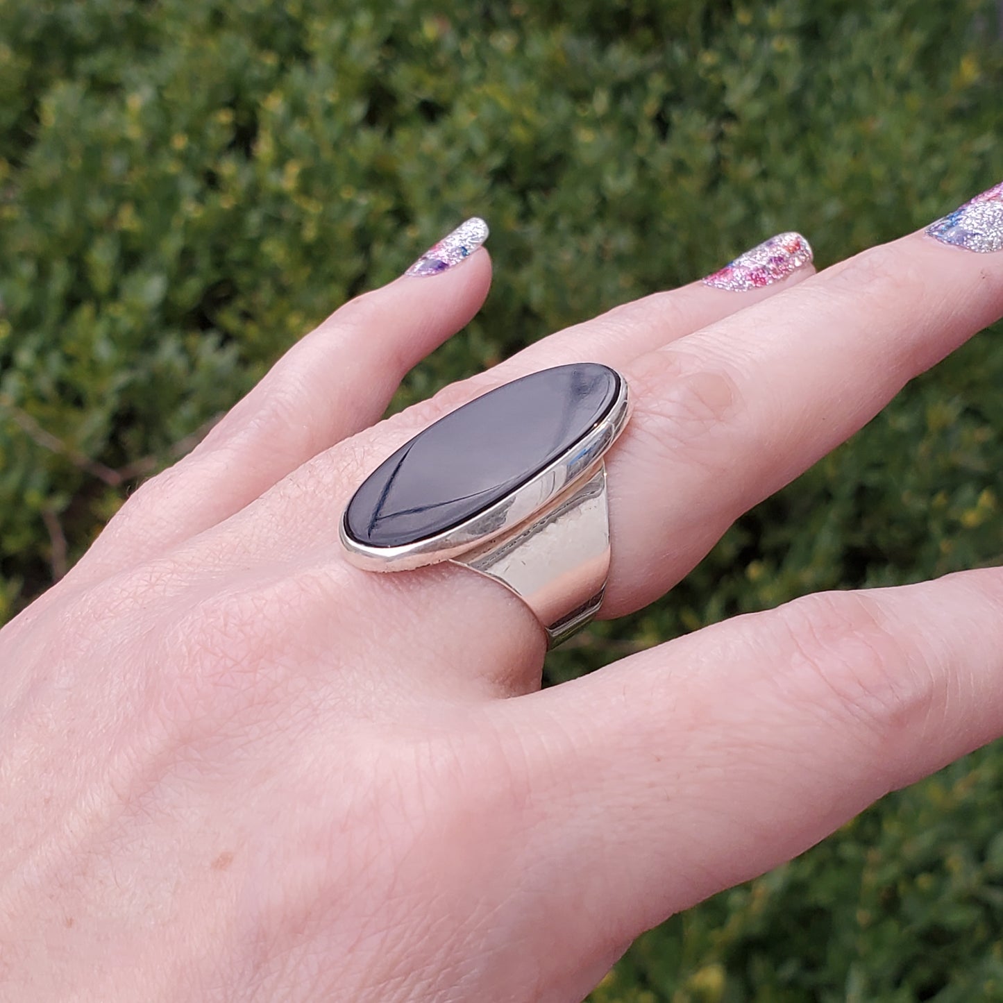 925 Sterling Silver Large Oval Black Onyx Ring