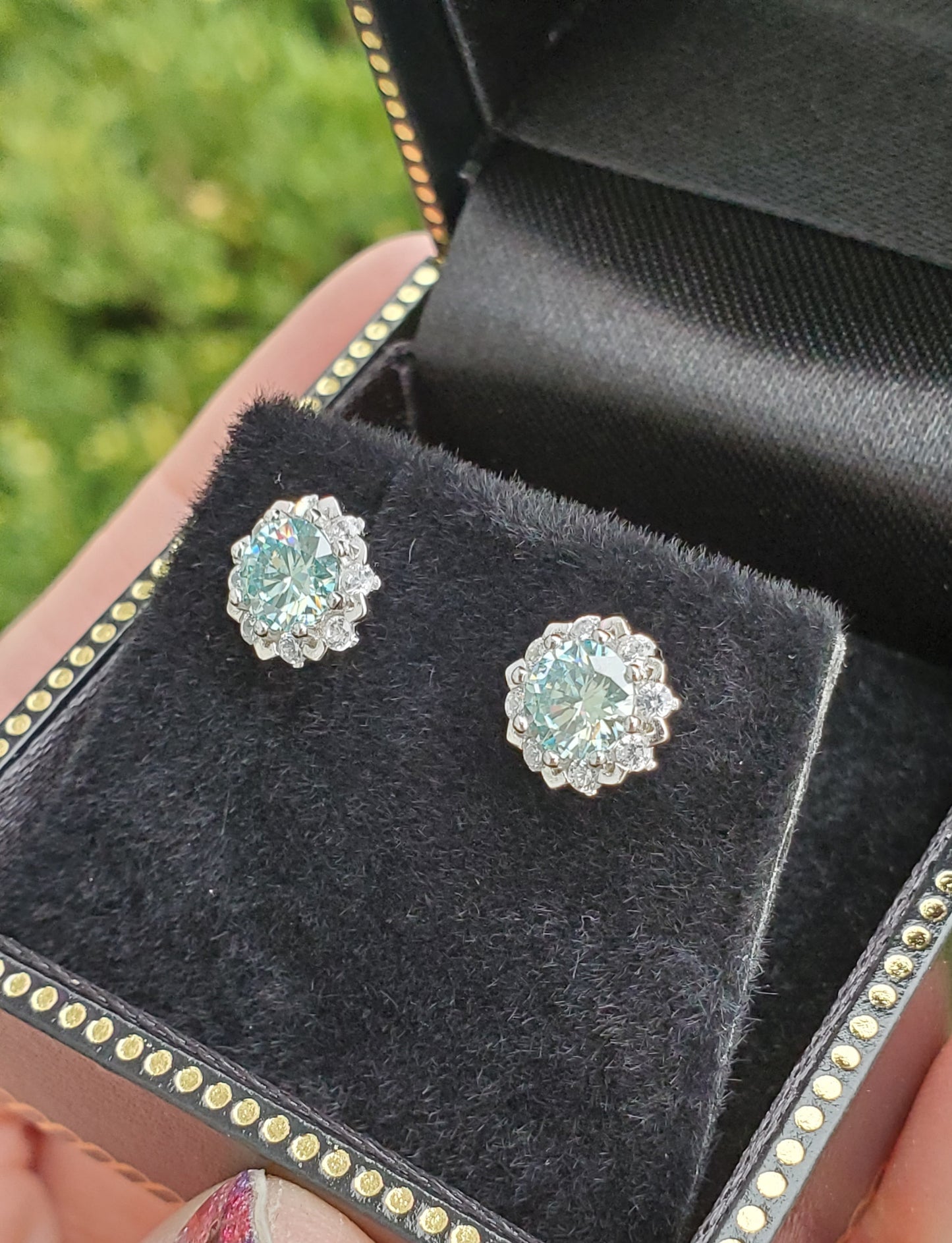 925 Sterling Silver Light Blue Moissanite & Zirconia Halo Studded Earrings