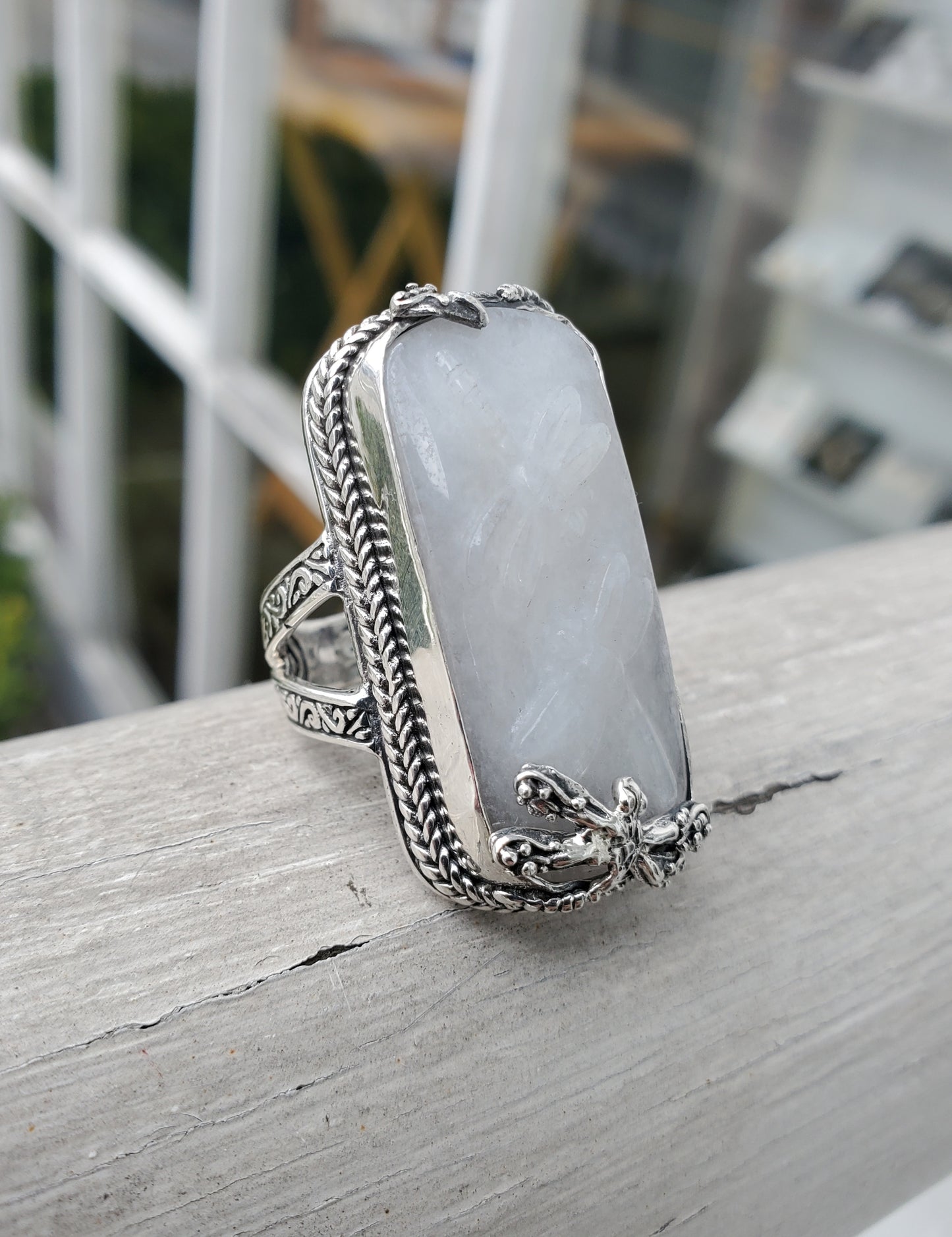 925 Sterling Silver Ladies Sarda Large White Quartz Rectangular Dragonfly Filagre Ring.
