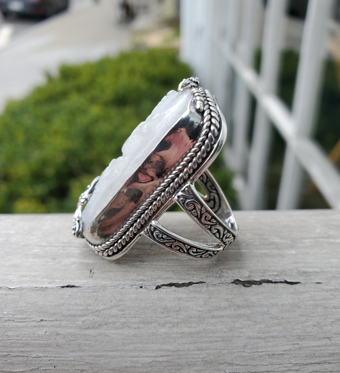 925 Sterling Silver Ladies Sarda Large White Quartz Rectangular Dragonfly Filagre Ring.