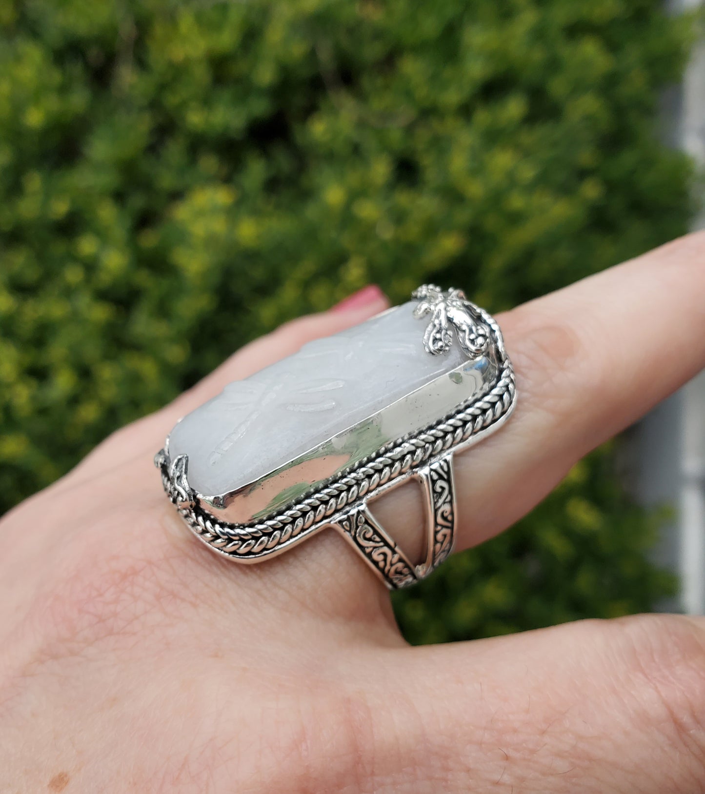 925 Sterling Silver Ladies Sarda Large White Quartz Rectangular Dragonfly Filagre Ring.