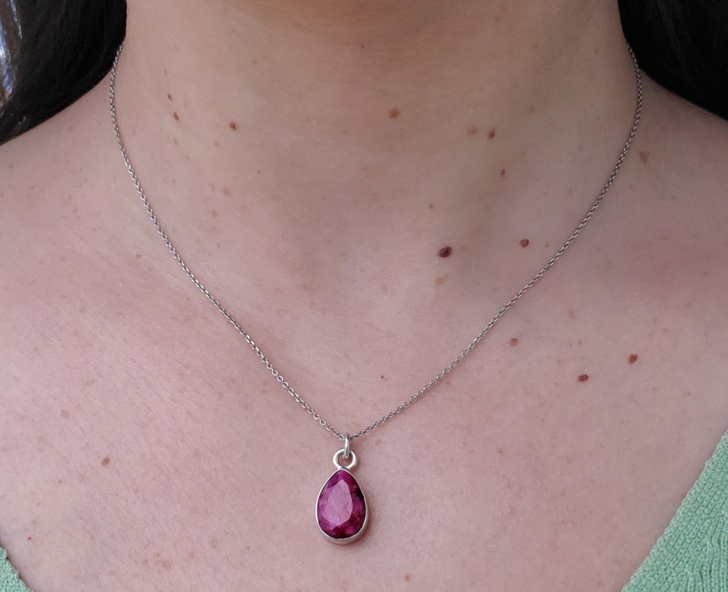 925 Sterling Silver 4ct Natural Opaque Ruby Teardrop Necklace
