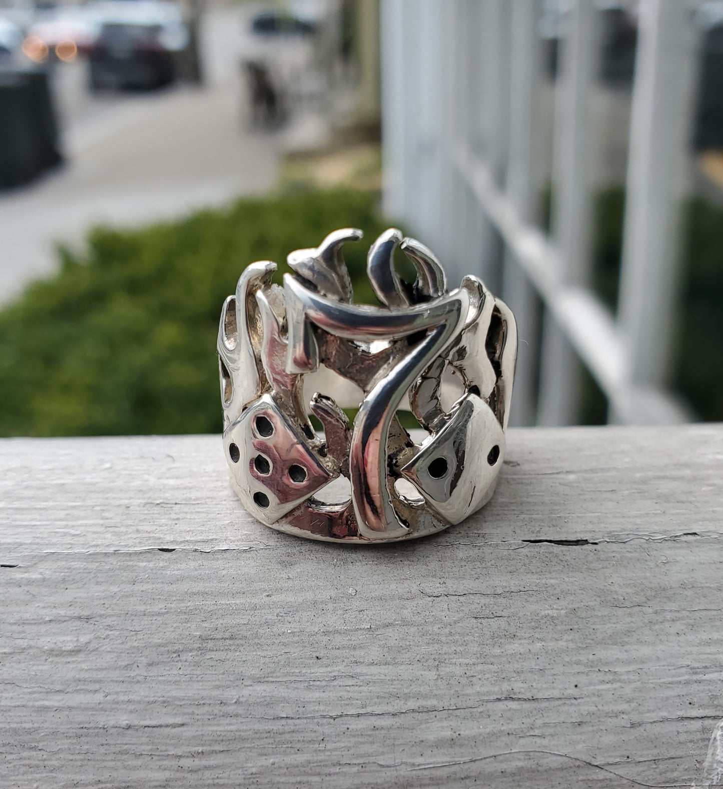 925 Sterling Silver Men's Lucky 7 Gambler Dice Fire Ring