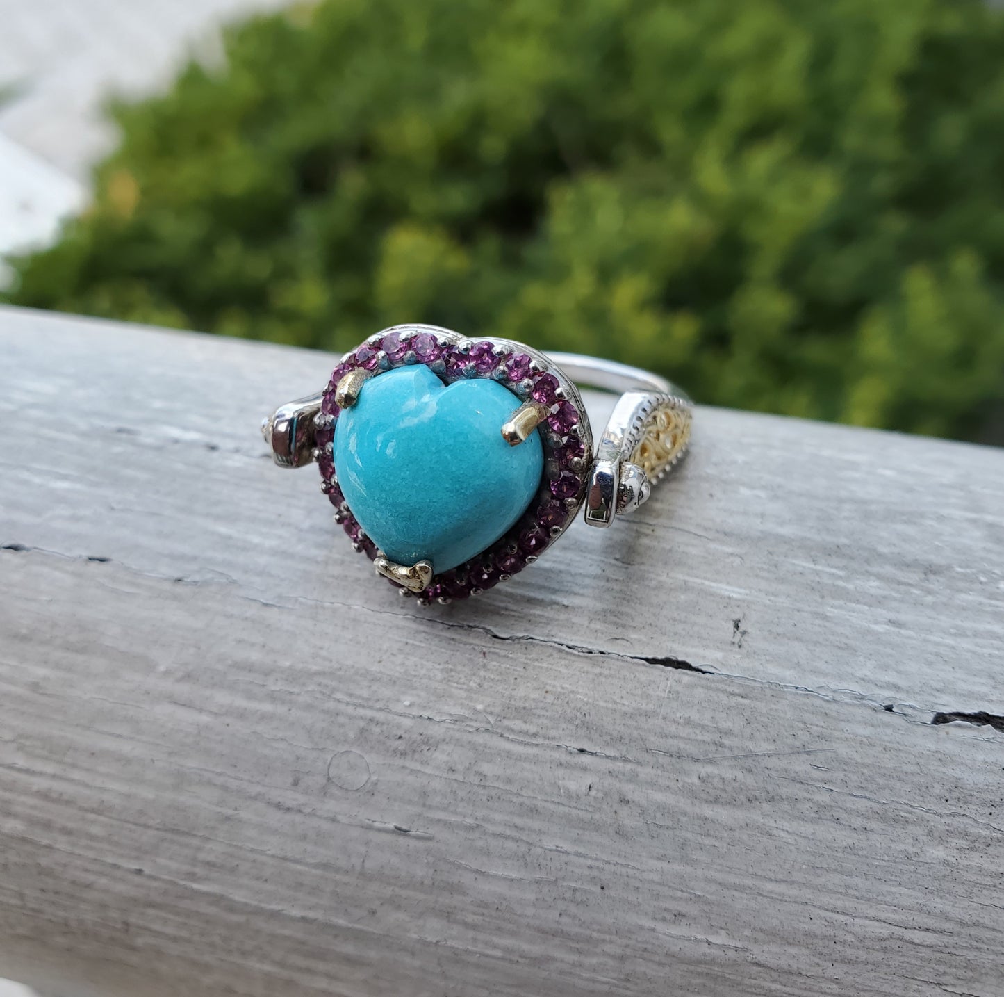 925 Sterling Silver Vermeil Turquoise & Amethyst Decorative Flip Ring