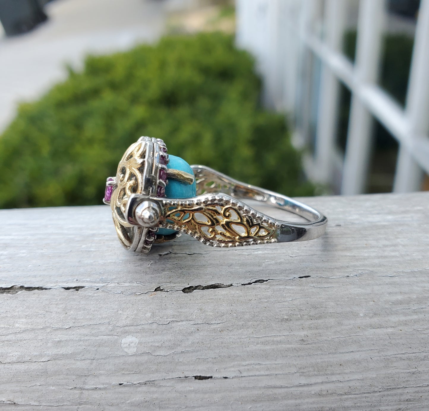 925 Sterling Silver Vermeil Turquoise & Amethyst Decorative Flip Ring