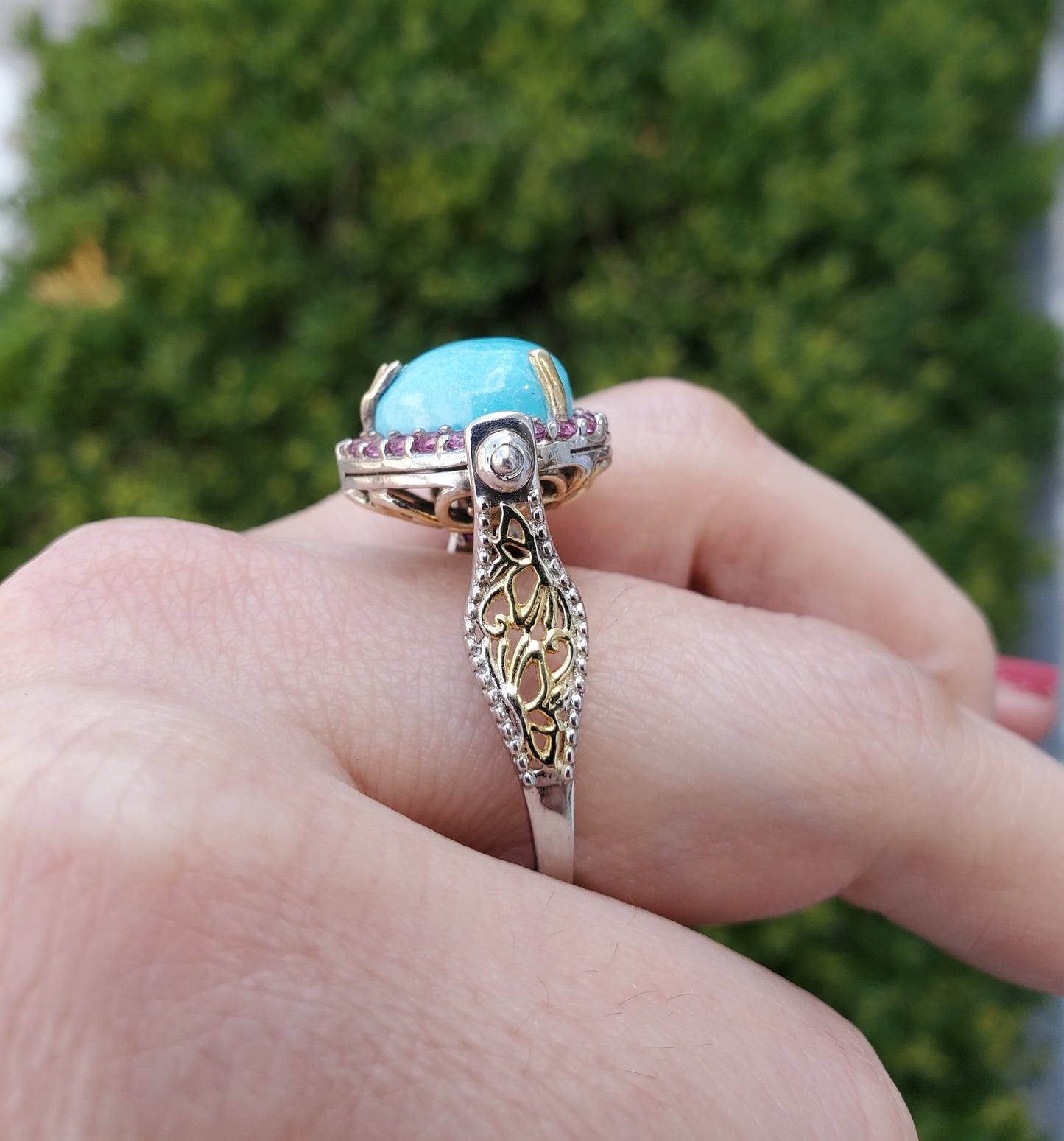 925 Sterling Silver Vermeil Turquoise & Amethyst Decorative Flip Ring
