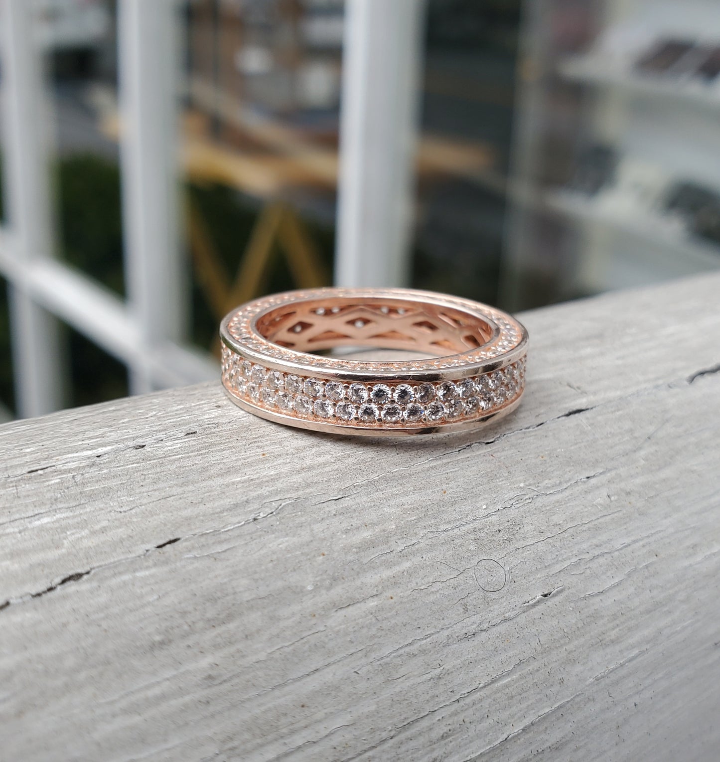 925 Sterling Silver Rose Vermeil Designer YGI Zirconia Eternity Band Ring sz:9