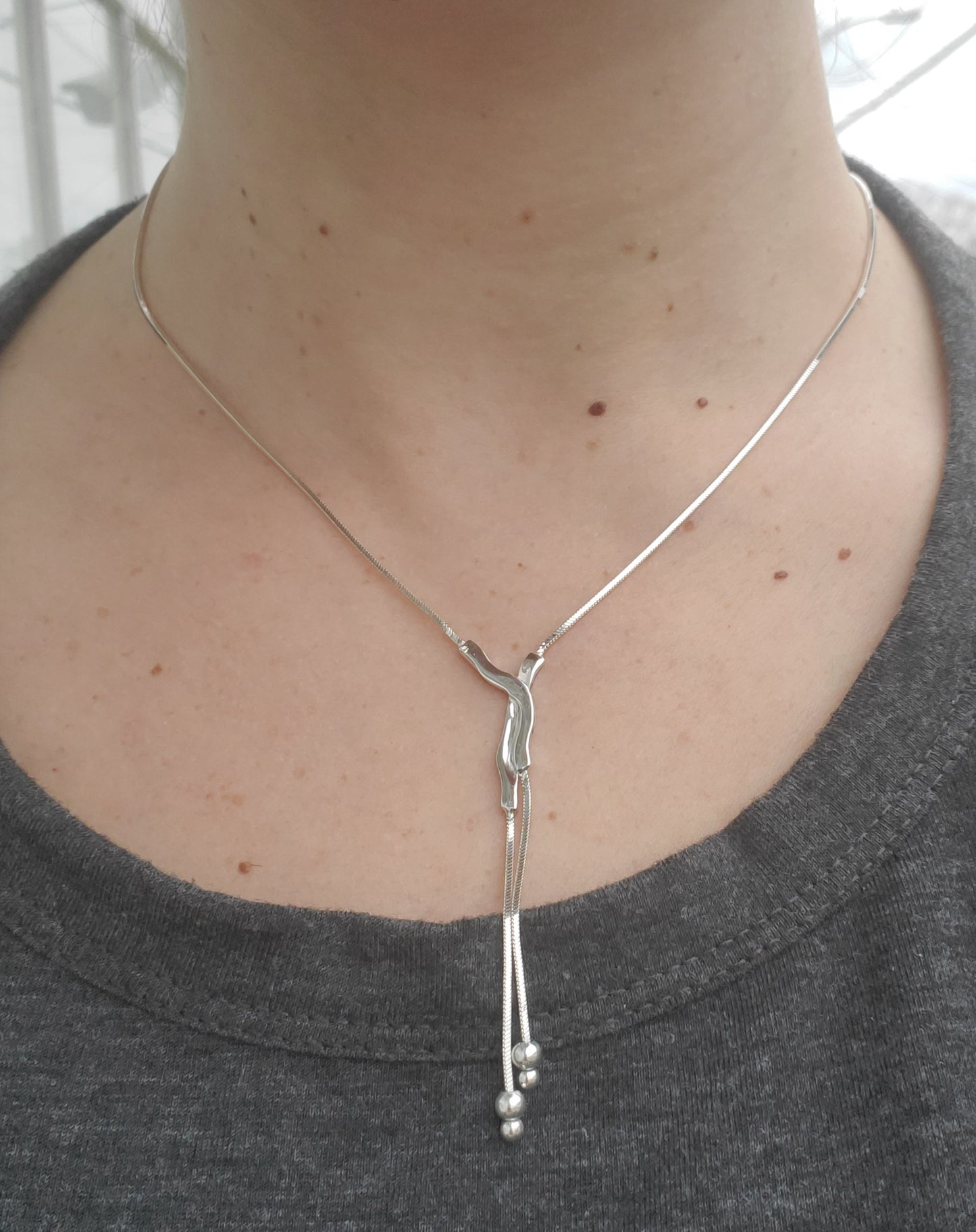 925 Sterling Silver "Go with the Flow" Lariat Beaded Snake Chain Drop Necklace