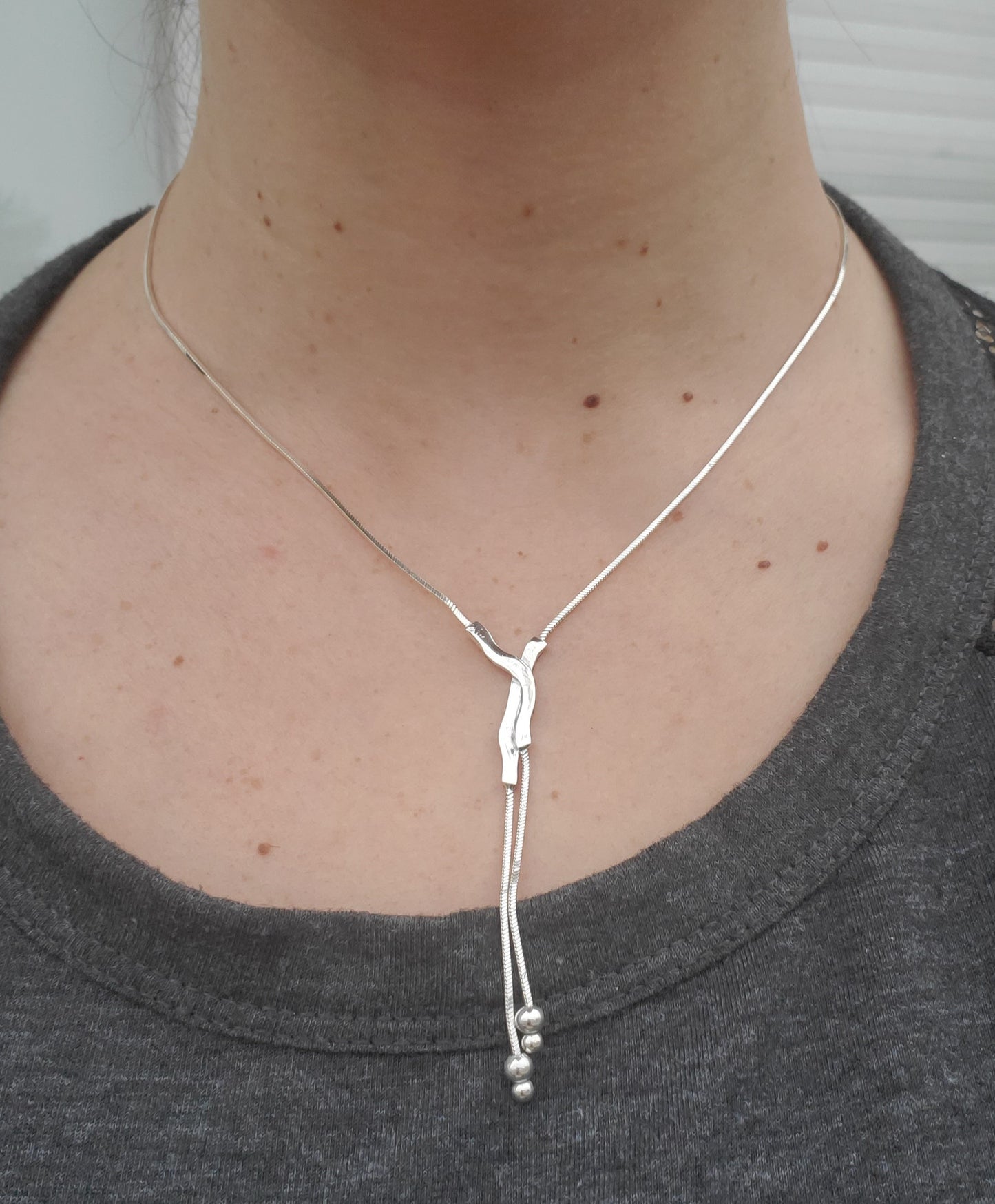 925 Sterling Silver "Go with the Flow" Lariat Beaded Snake Chain Drop Necklace