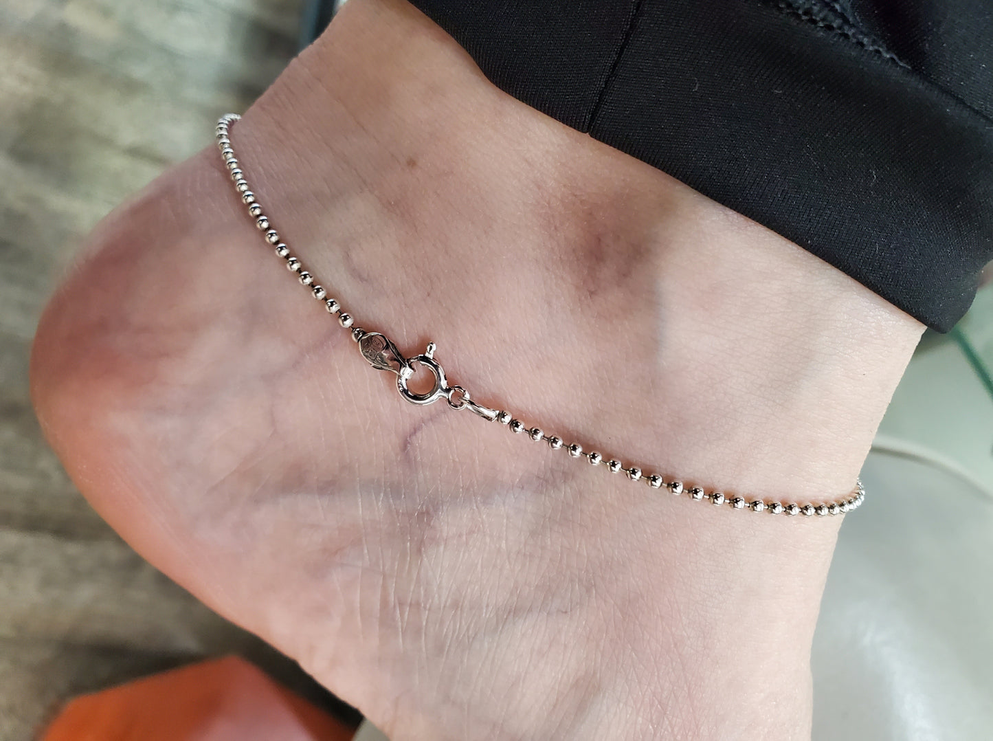 925 Sterling Silver Hi-Polish Beaded Anklet 10.5"