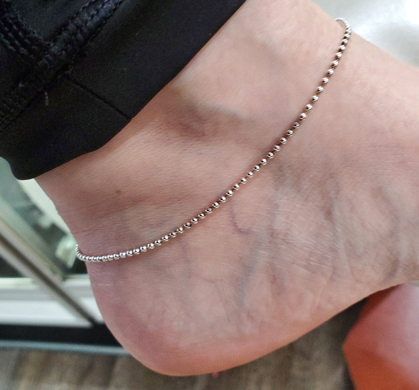 925 Sterling Silver Hi-Polish Beaded Anklet 10.5"