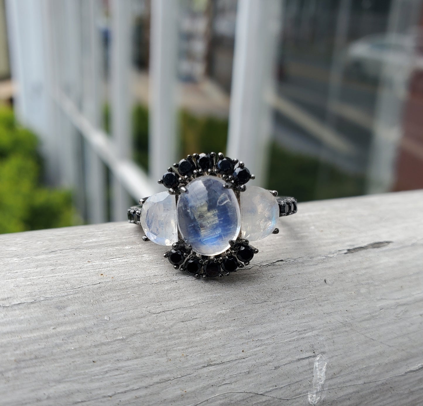 925 Sterling Silver Moonstone & Black Zirconia PPF Cluster Ring