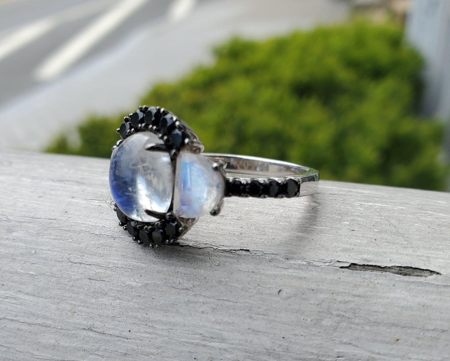 925 Sterling Silver Moonstone & Black Zirconia PPF Cluster Ring