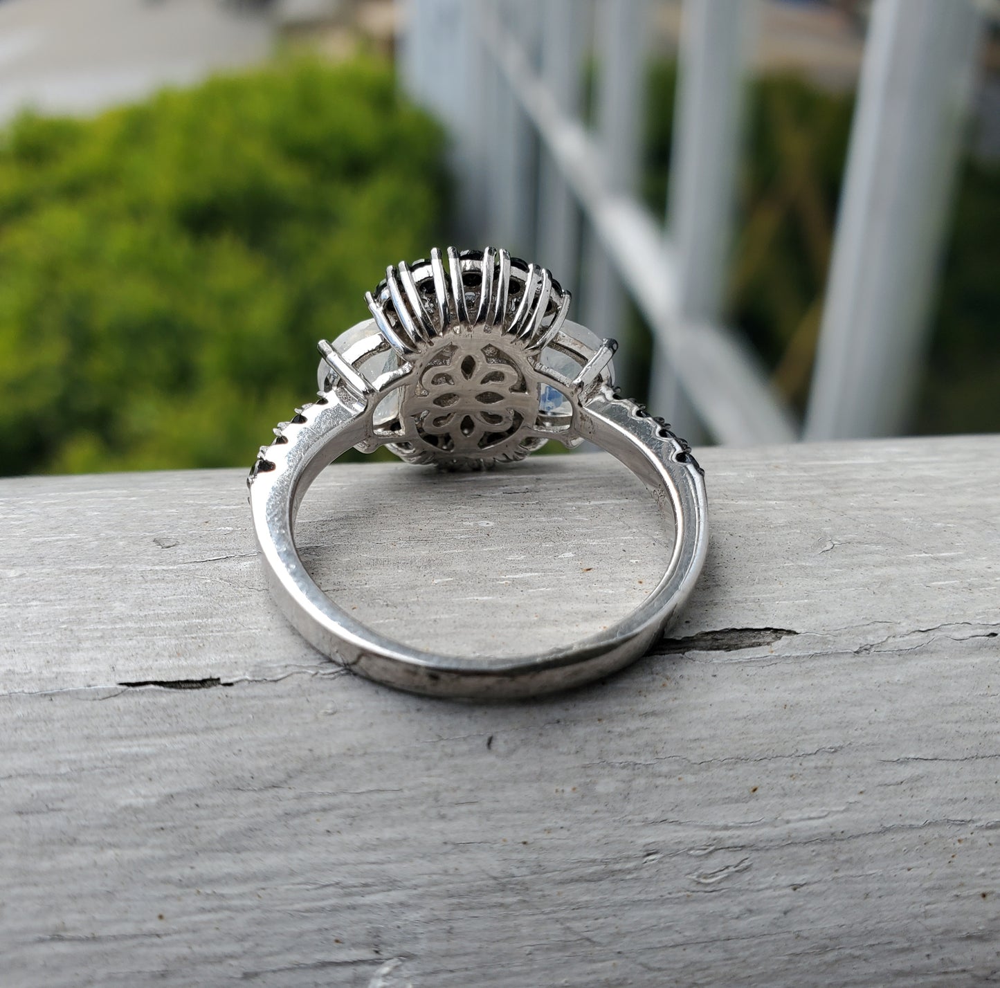 925 Sterling Silver Moonstone & Black Zirconia PPF Cluster Ring