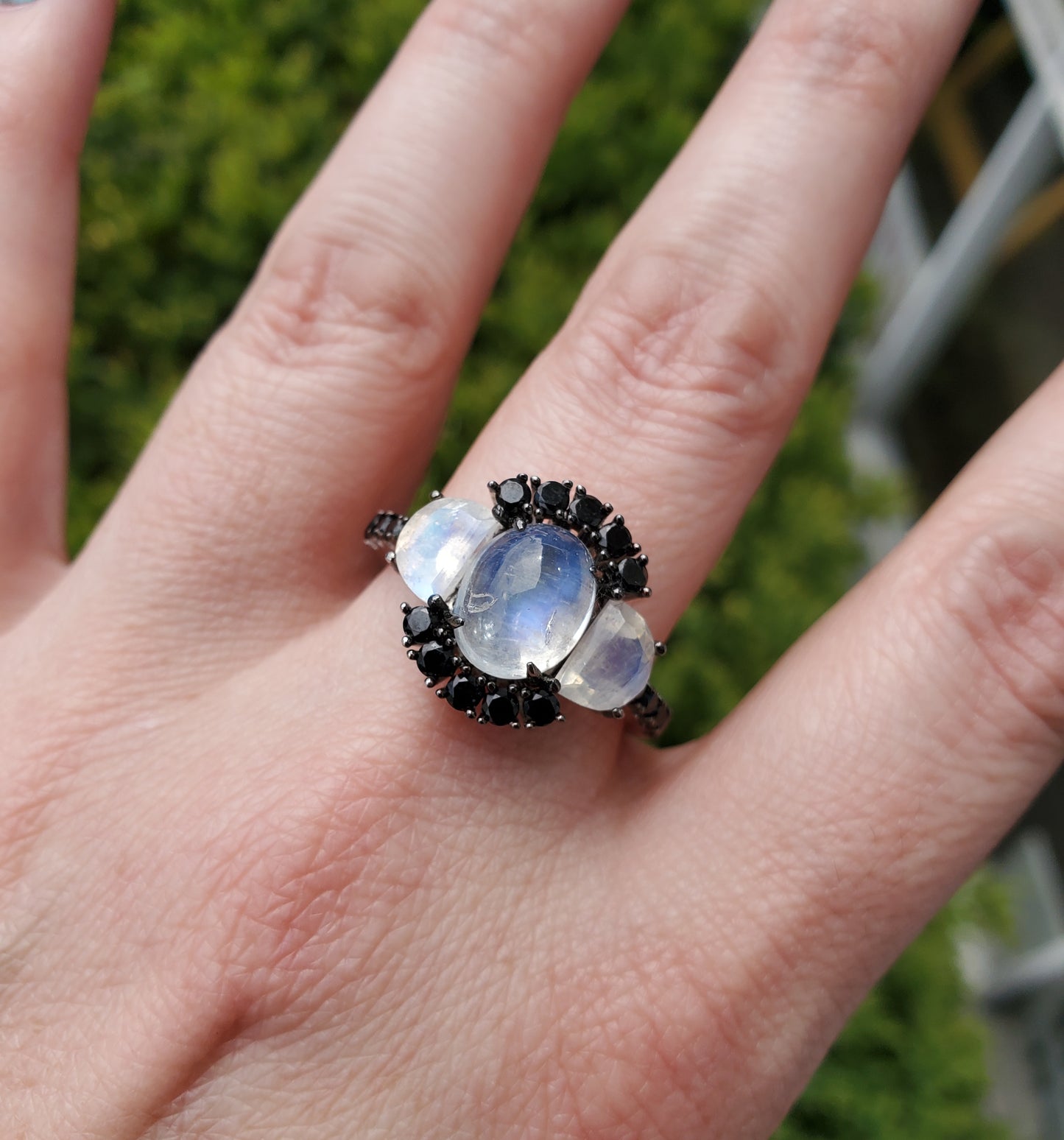 925 Sterling Silver Moonstone & Black Zirconia PPF Cluster Ring