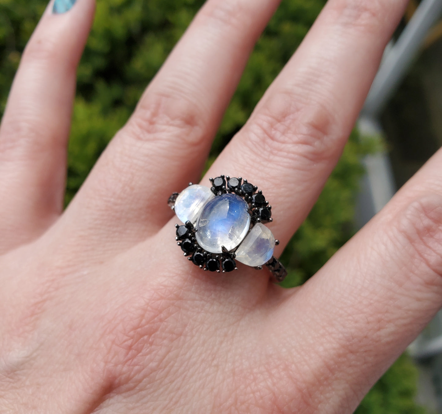 925 Sterling Silver Moonstone & Black Zirconia PPF Cluster Ring