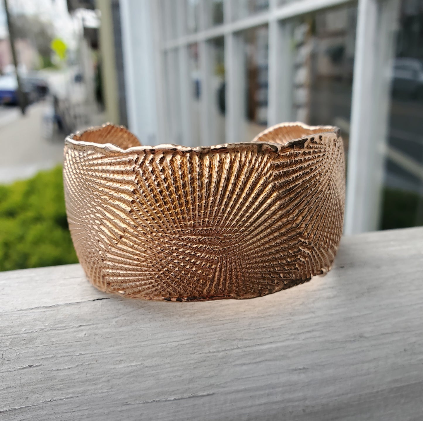 925 Sterling Silver Designer JCM Rose Vermeil Seashell Design Etched Wide Cuff Bangle Bracelet