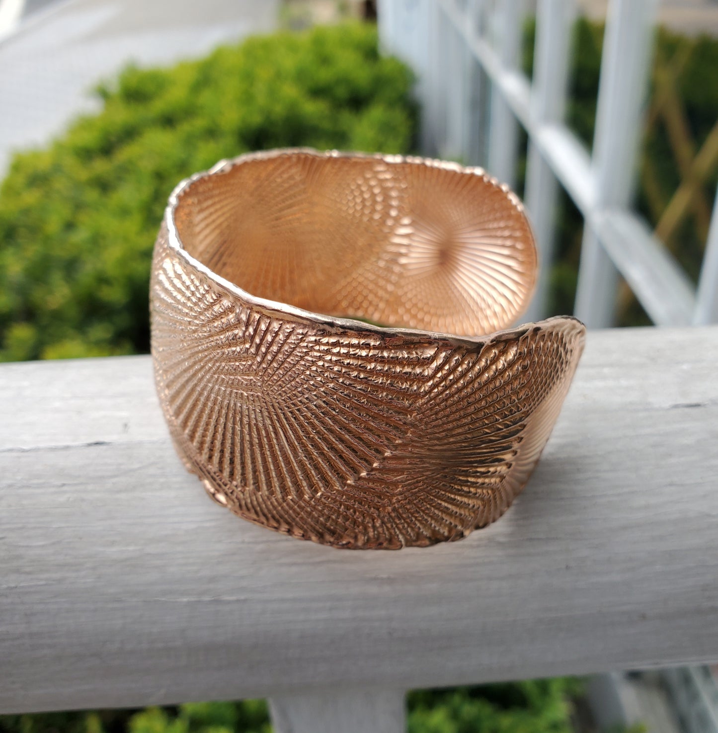 925 Sterling Silver Designer JCM Rose Vermeil Seashell Design Etched Wide Cuff Bangle Bracelet