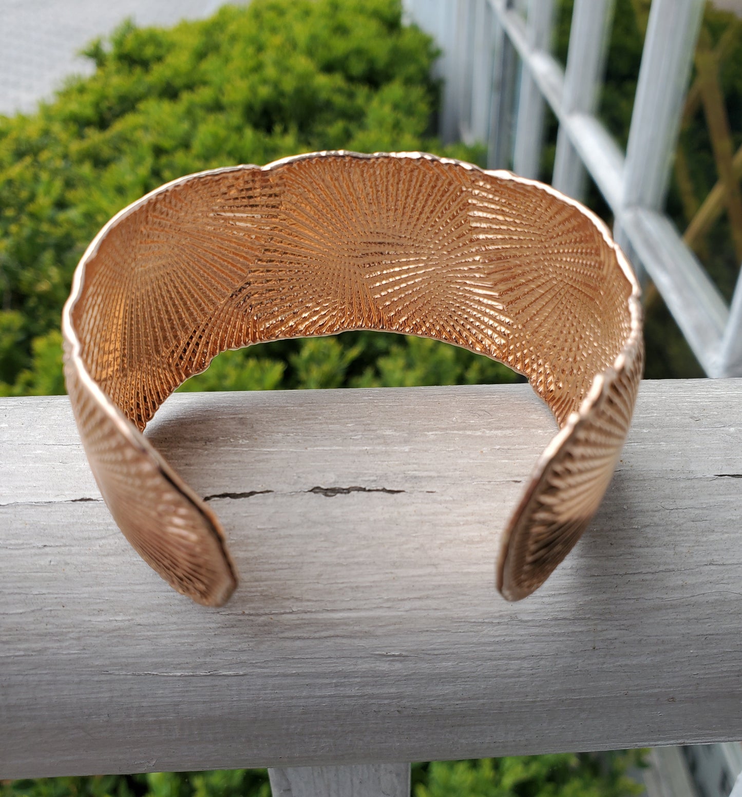 925 Sterling Silver Designer JCM Rose Vermeil Seashell Design Etched Wide Cuff Bangle Bracelet