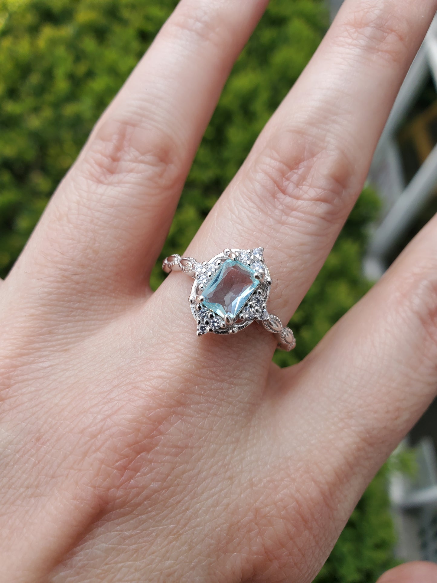 925 Sterling Silver Synthetic Aquamarine & Zirconia Ring