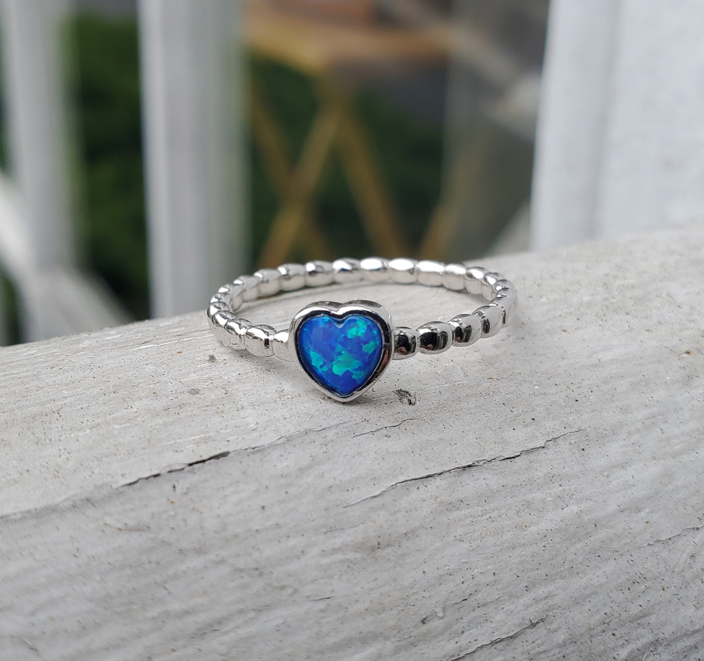 925 Sterling Silver Blue Opal Beaded Band Ring