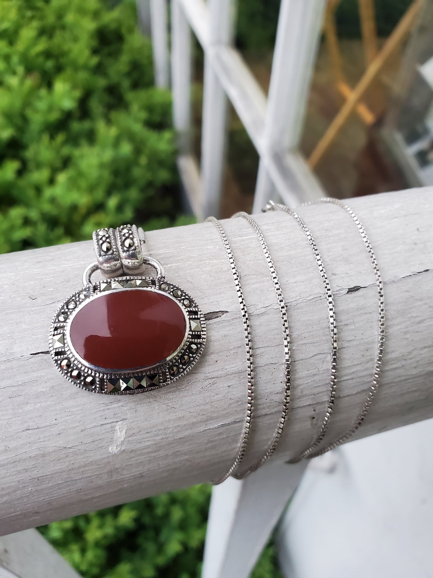925 Sterling Silver Oval Carnelian & Marcasite Design Necklace