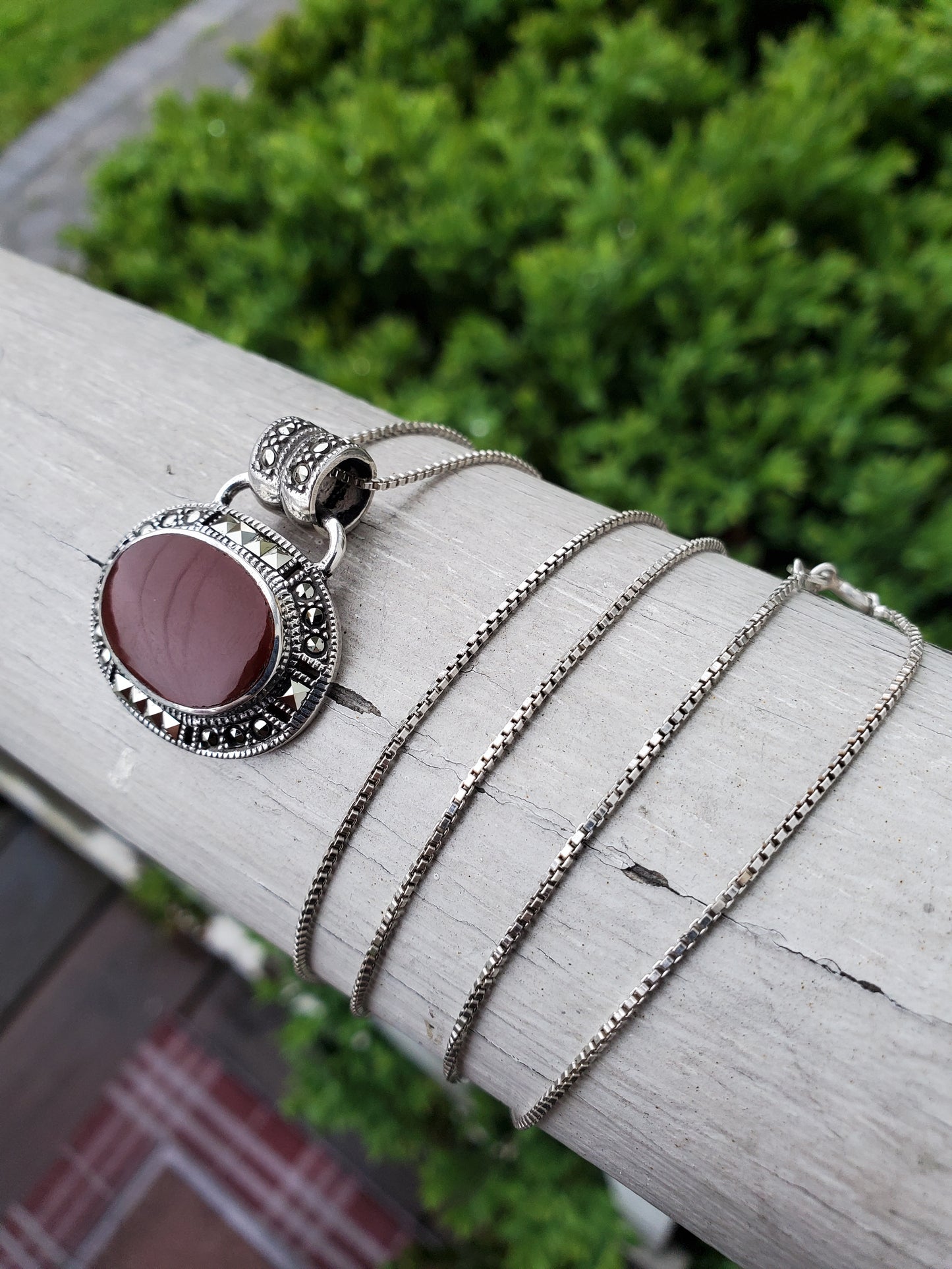 925 Sterling Silver Oval Carnelian & Marcasite Design Necklace