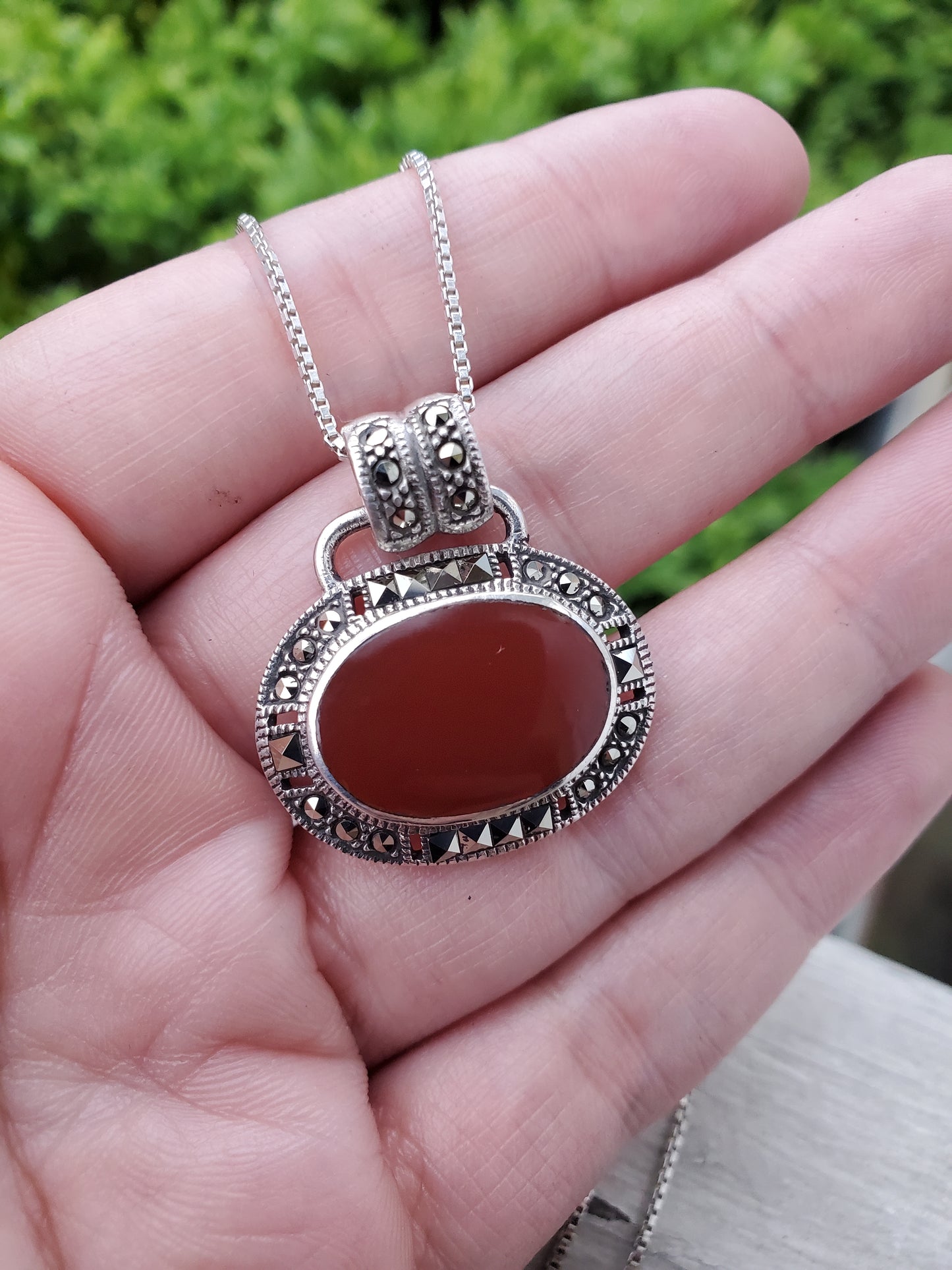 925 Sterling Silver Oval Carnelian & Marcasite Design Necklace