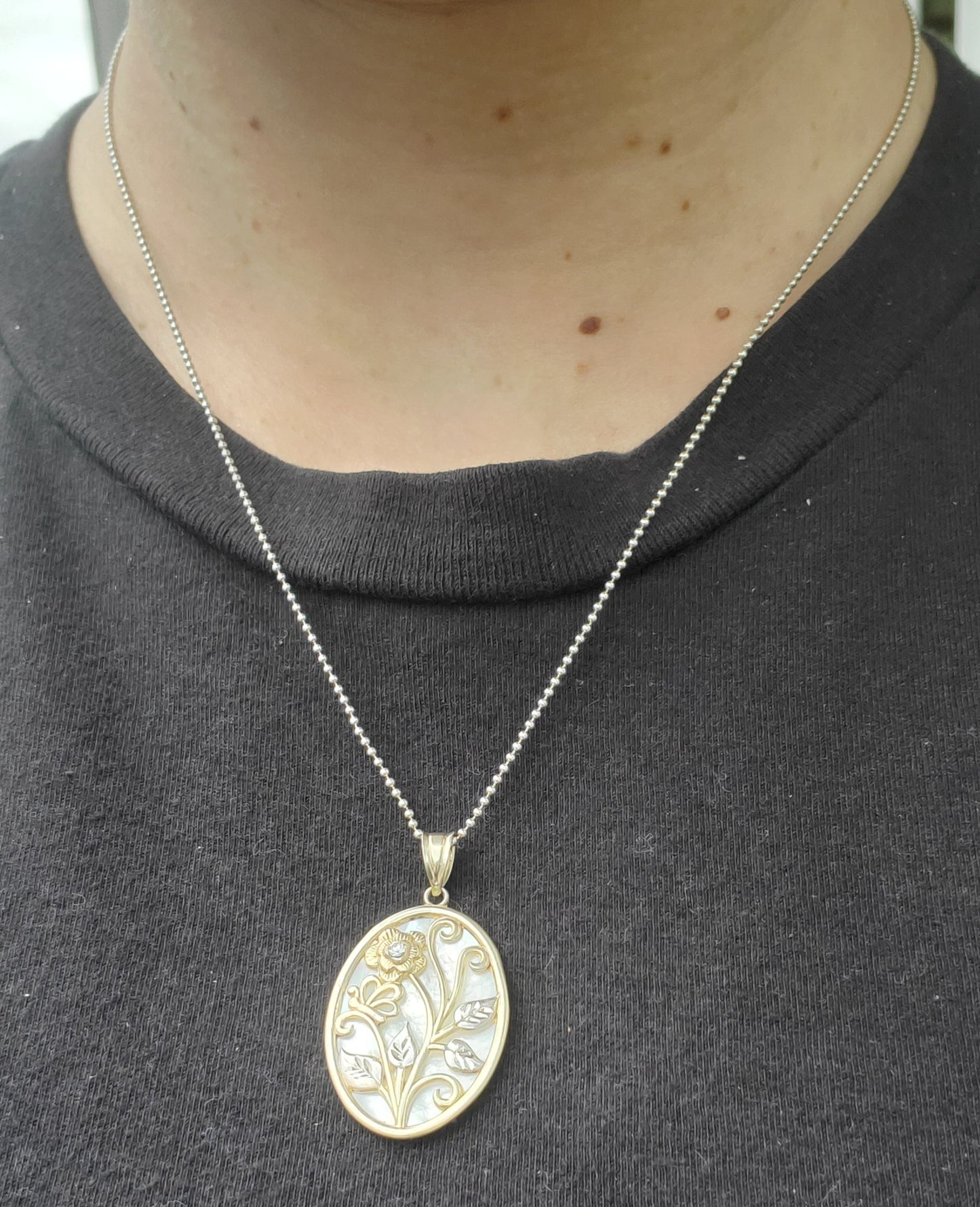 925 Sterling Silver "Winds of Change" Mother of Pearl Openwork Oval Floral Butterfly Necklace