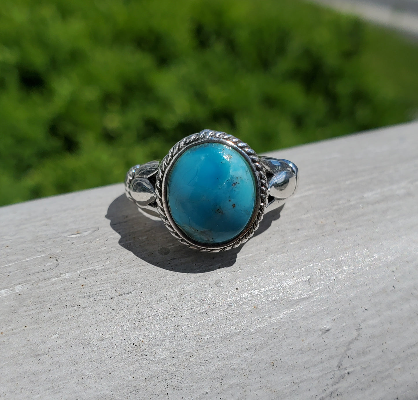 925 Sterling Silver Oval Turquiose Floral Ring sz:7