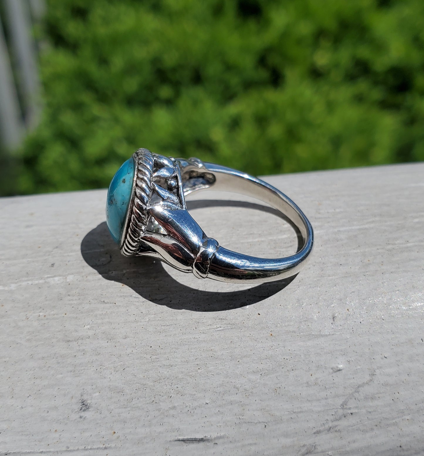 925 Sterling Silver Oval Turquiose Floral Ring sz:7