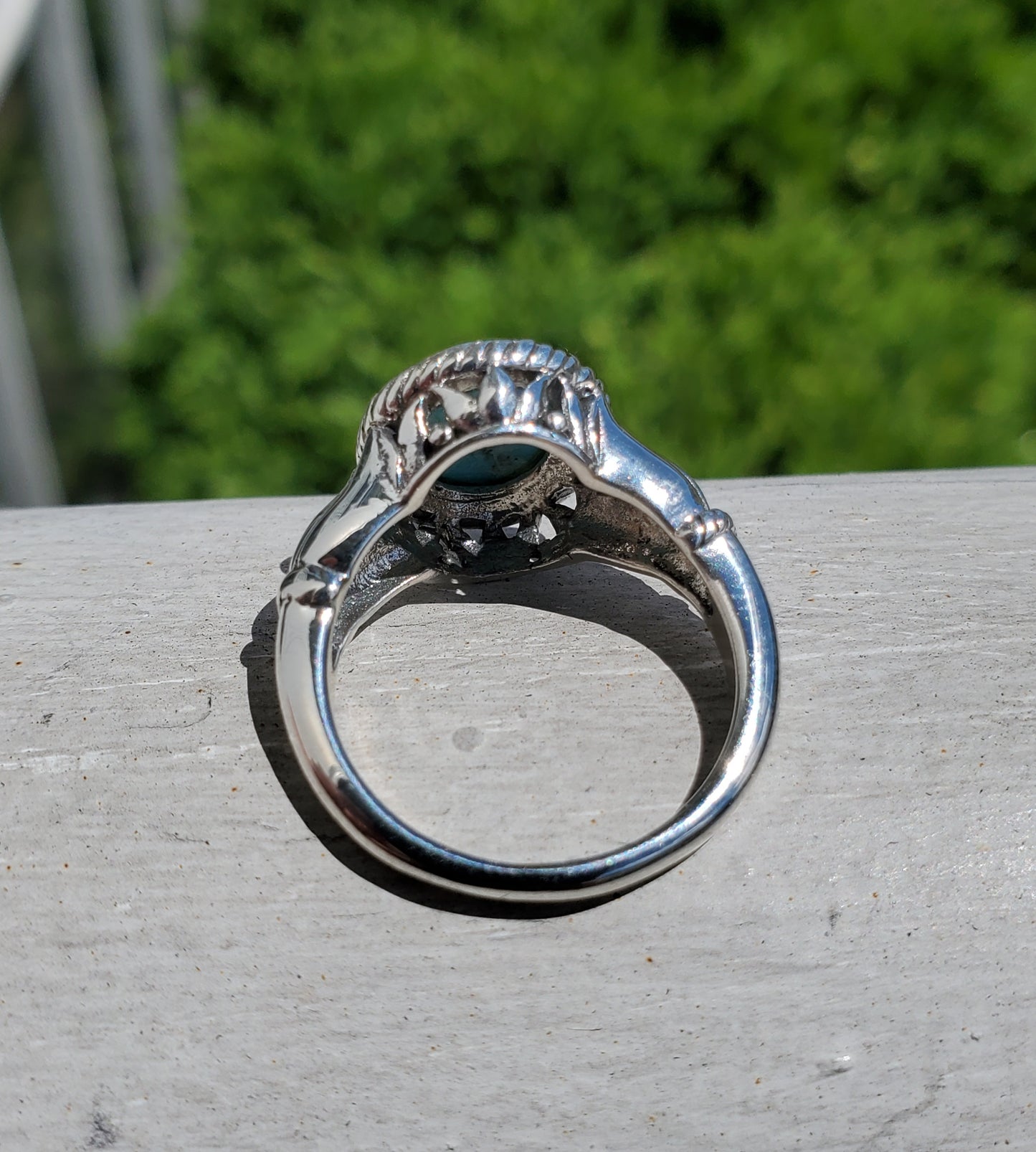 925 Sterling Silver Oval Turquiose Floral Ring sz:7
