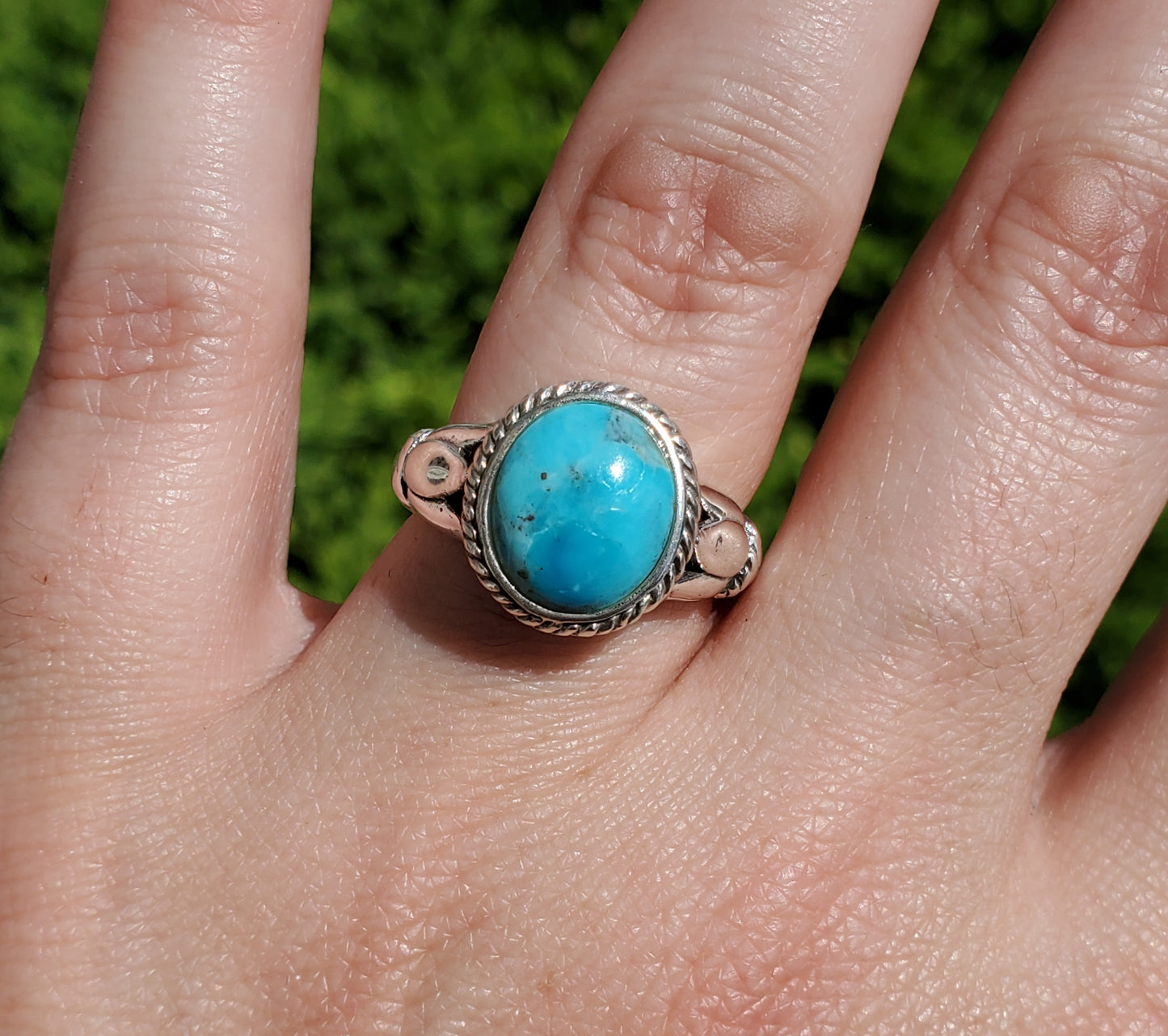 925 Sterling Silver Oval Turquiose Floral Ring sz:7