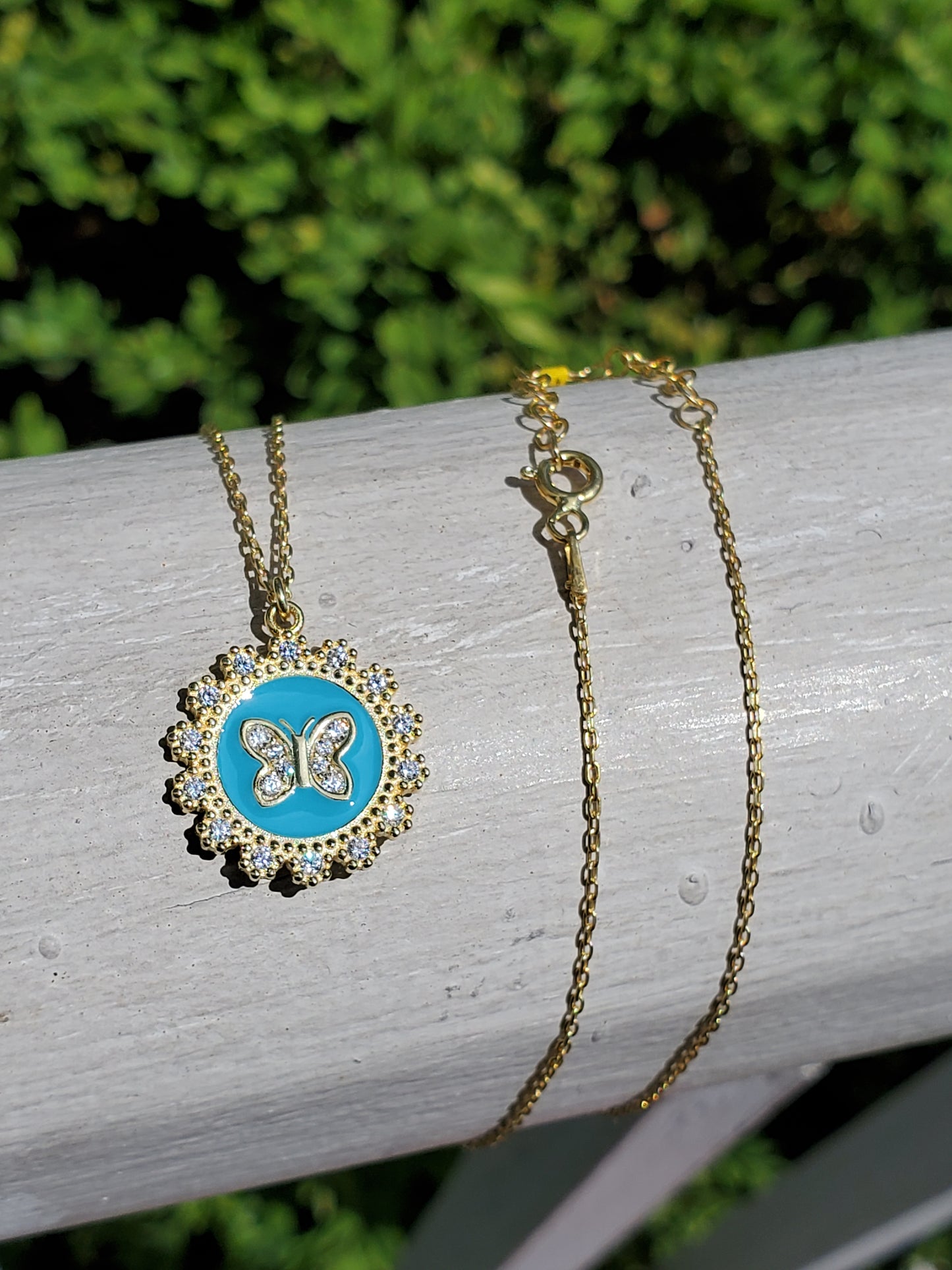 925 Sterling Silver Vermeil Teal Blue Enamel Butterfly w/ Clear Zirconia Necklace