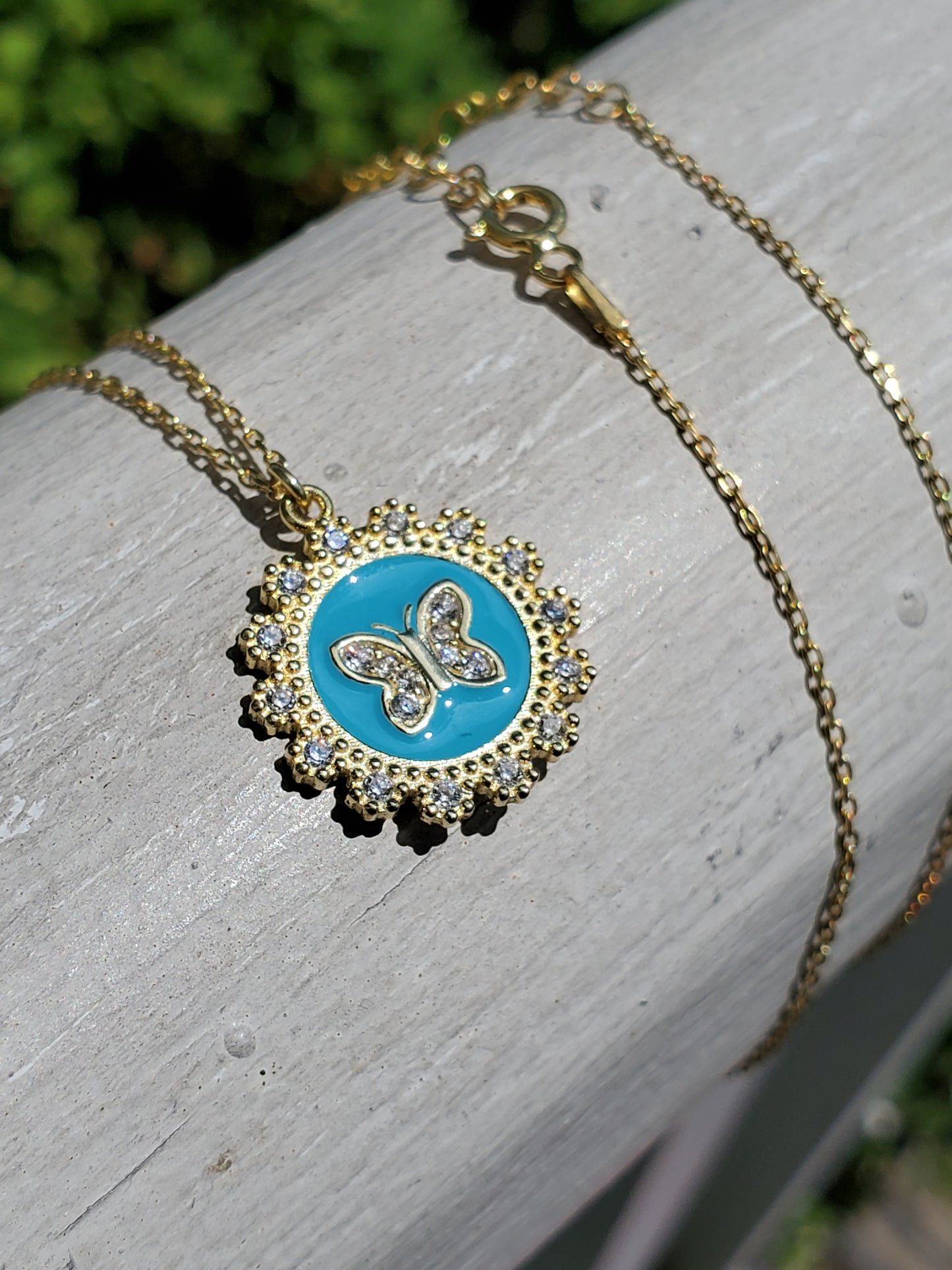 925 Sterling Silver Vermeil Teal Blue Enamel Butterfly w/ Clear Zirconia Necklace