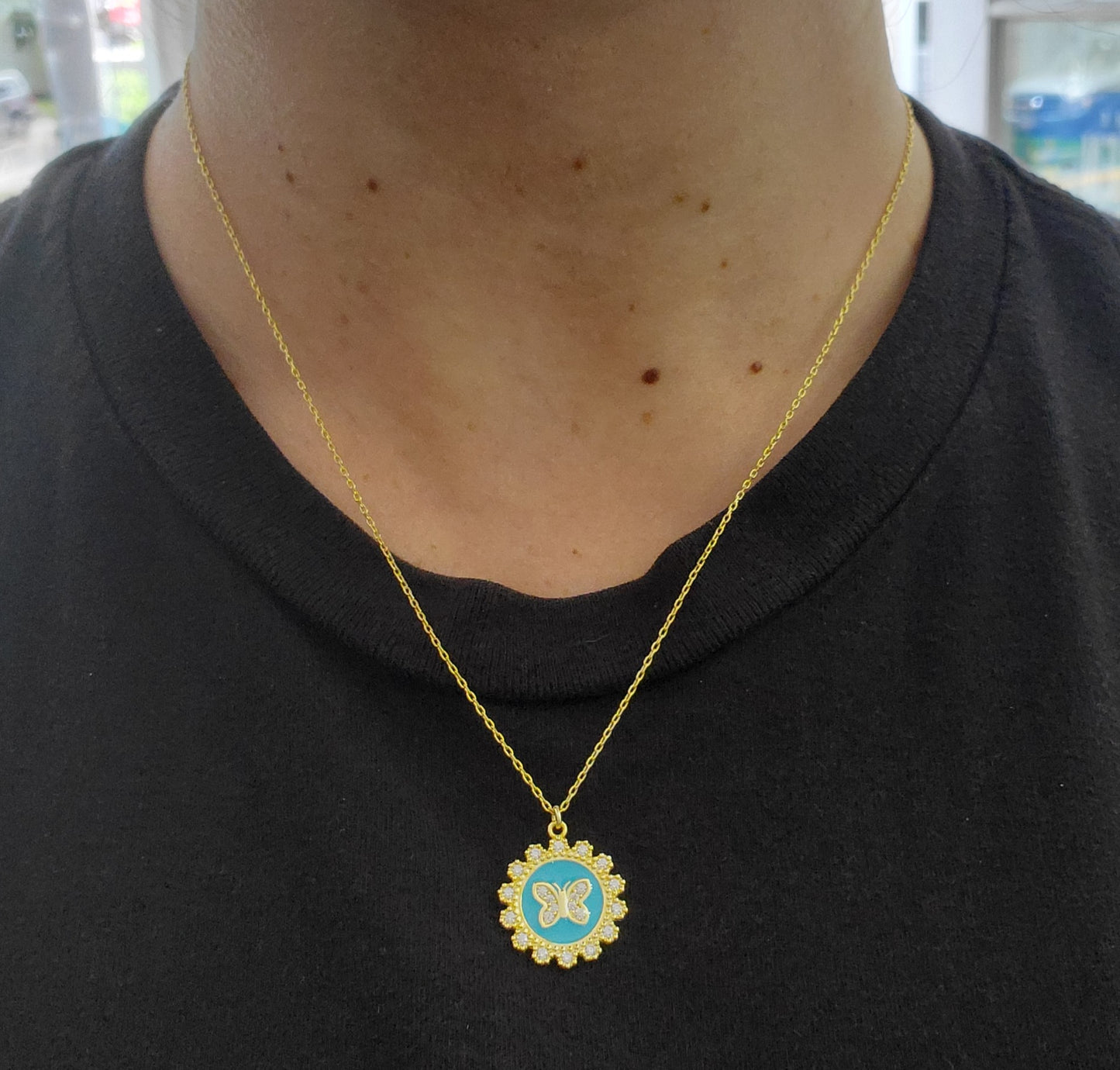 925 Sterling Silver Vermeil Teal Blue Enamel Butterfly w/ Clear Zirconia Necklace