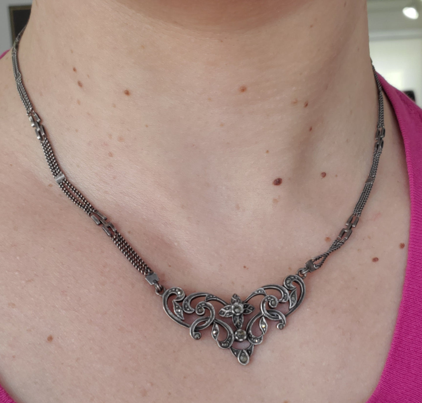 925 Sterling Silver Vintage Marcasite Filagre Decor Necklace