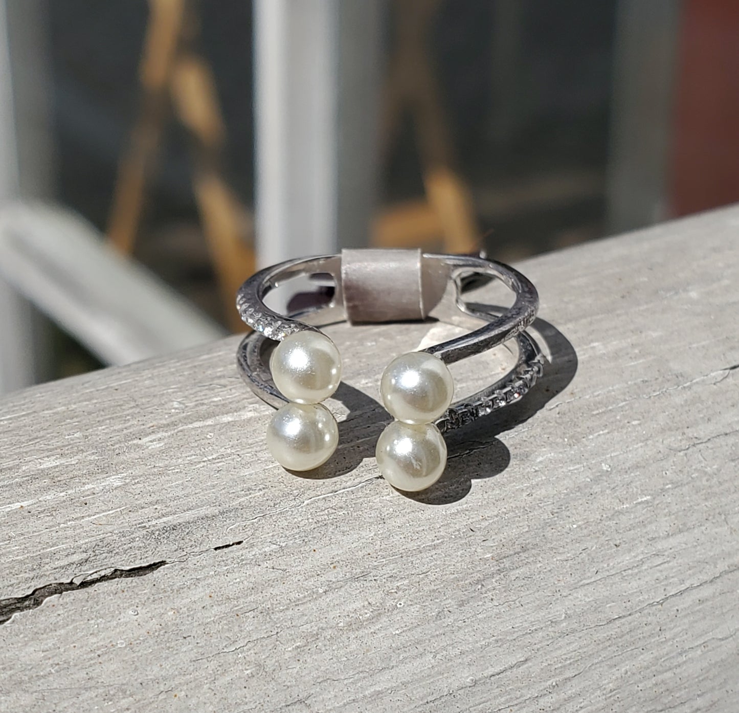 925 Sterling Silver Double Open 4 Pearl & CZ Band Ring
