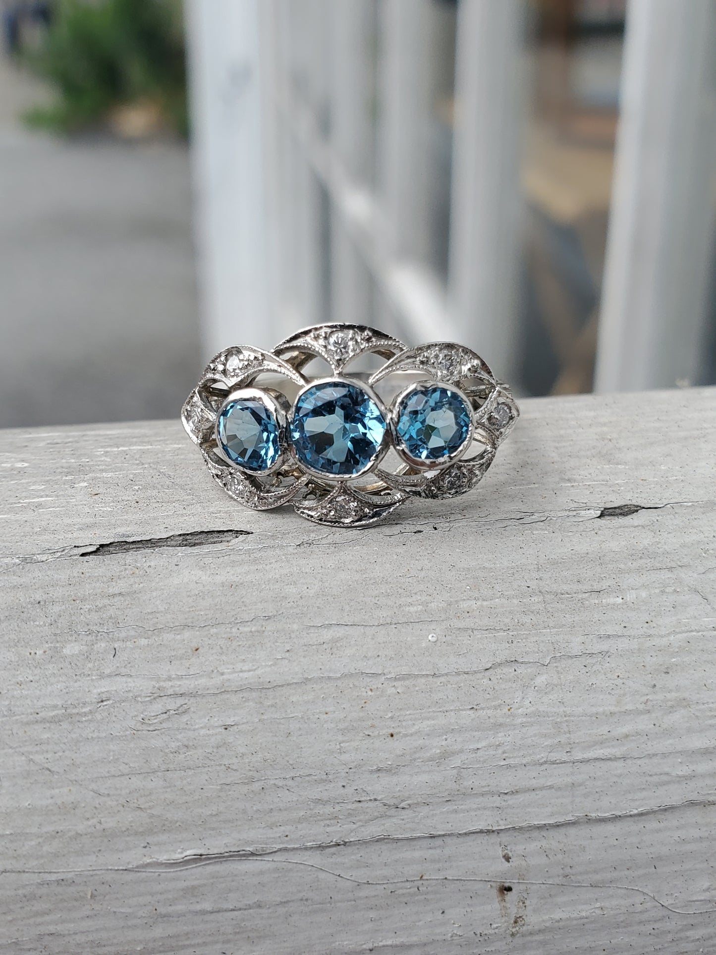 Vintage 1930's Blue Topaz Platinum & 14k White Gold Cocktail Ring